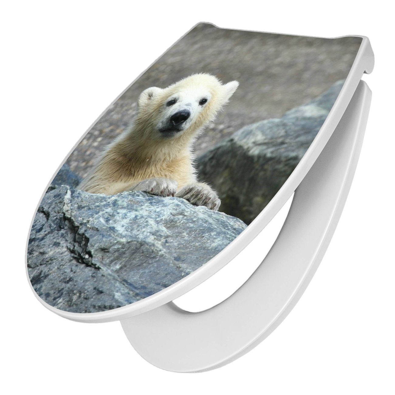banjado absenkbarer Toilettendeckel Premium weiß Soft-Close Duroplast Stabile Qualität - Einfache Montage, mit Motiv Eisbär Baby und Absenkautomatik