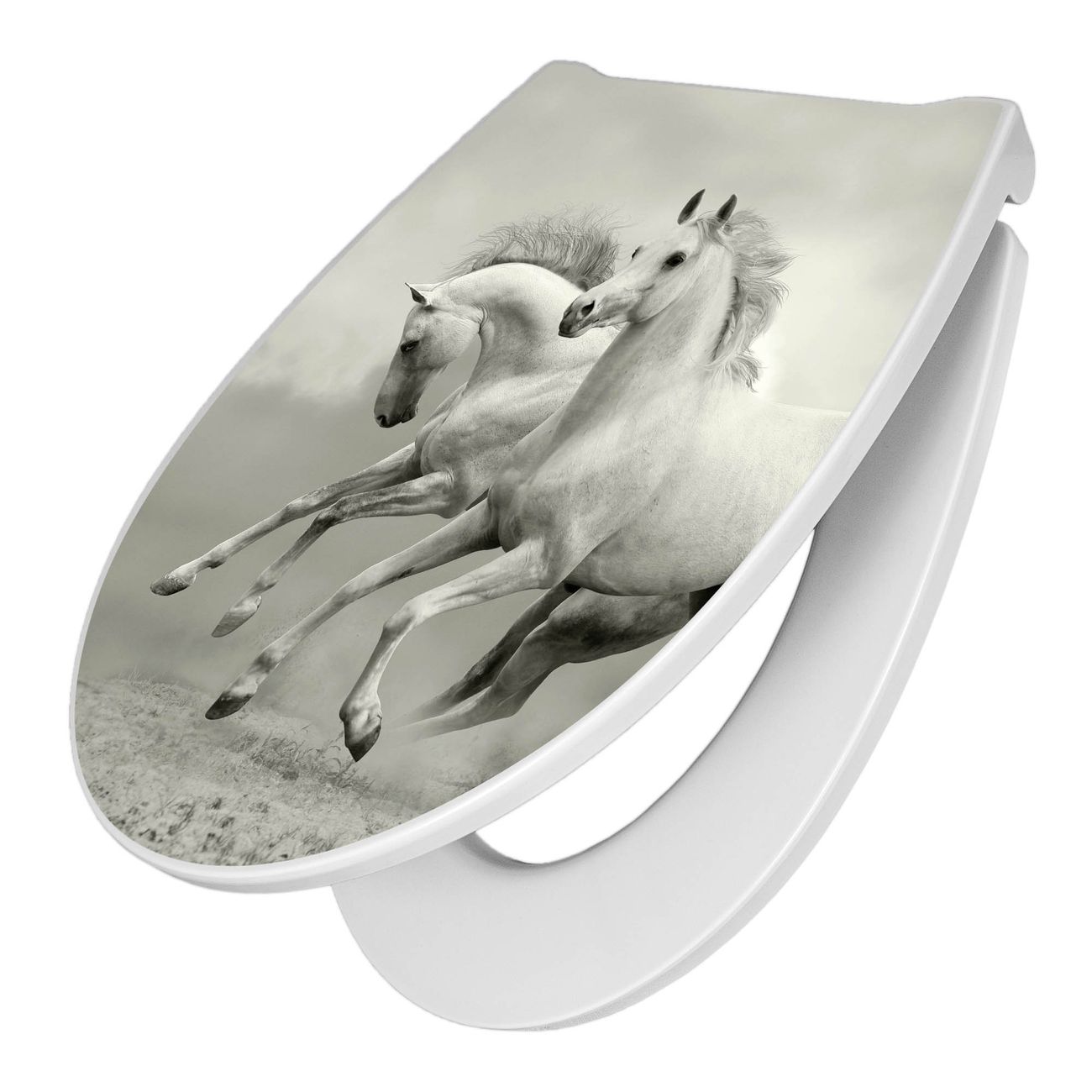 banjado Toilettendeckel mit Absenkautomatik Soft-Close Duroplast leichte Montage von oben und Motiv Wilde Pferde SW oder individuell gestalten O-Form