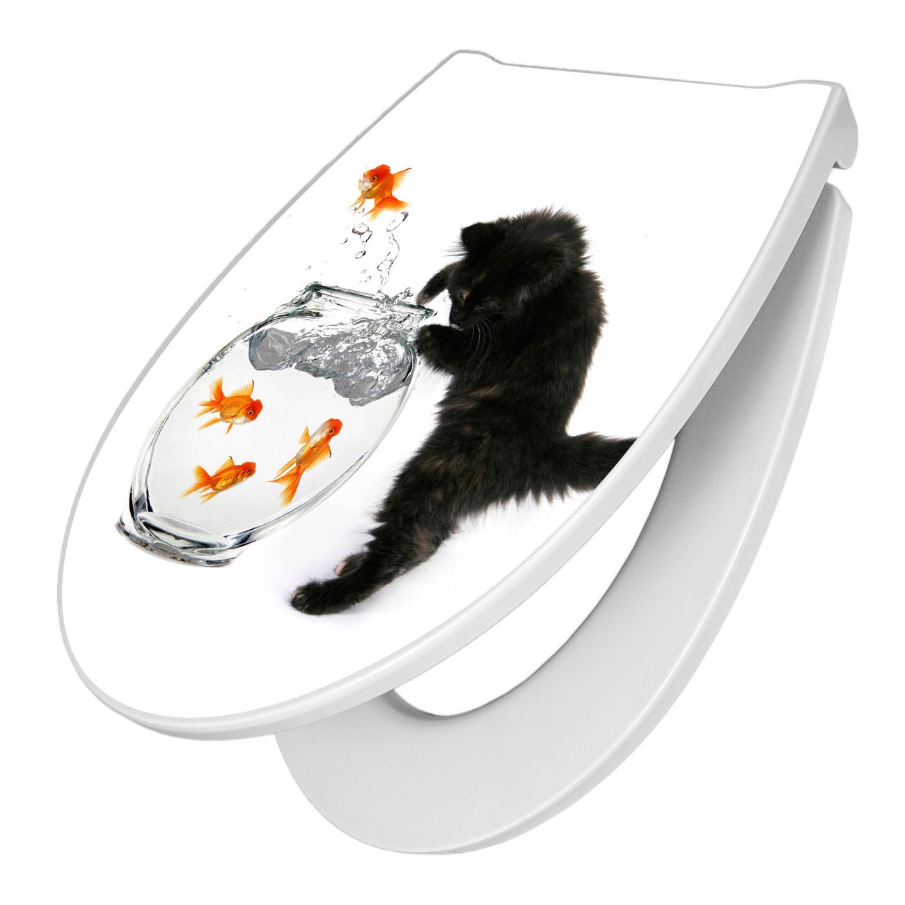 banjado absenkbarer Toilettendeckel Premium weiß Soft-Close Duroplast Stabile Qualität - Einfache Montage, mit Motiv Katze Und Fisch und Absenkautomatik