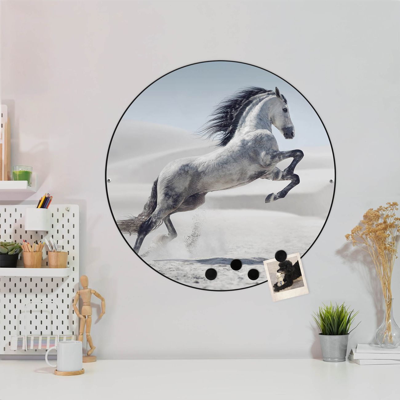 banjado Stahl Magnettafel rund 47cm Magnetwand mit Motiv Wildes Pferd Motiv Pinnwand pulverbeschichtet & magnetisch superflach 1mm einfache Montage