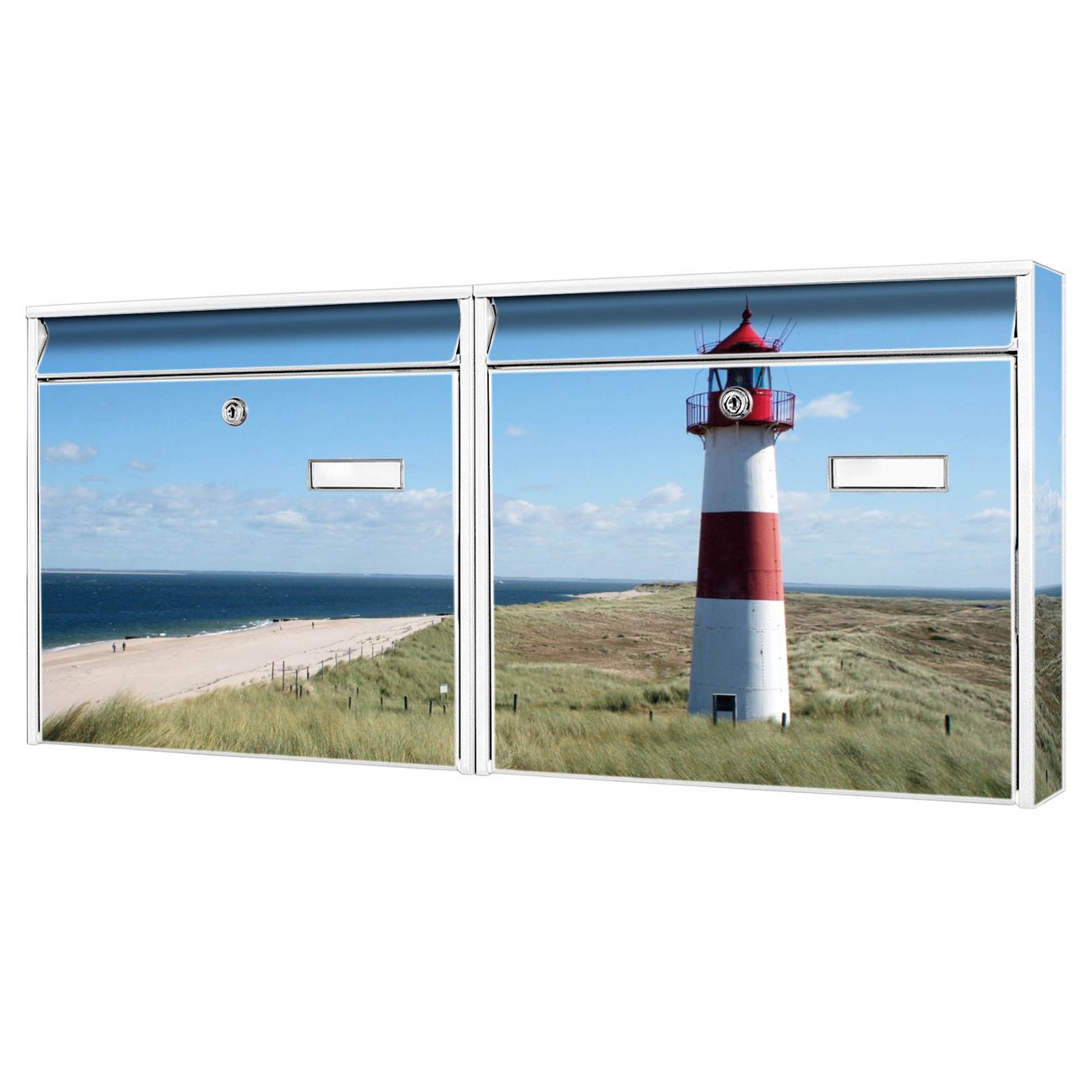 banjado Burg Wächter Briefkastenanlage weiß Doppelbriefkasten mehre Farben, flexibel erweiterbar, mit Motiv Leuchtturm auch Personalisiert - A5