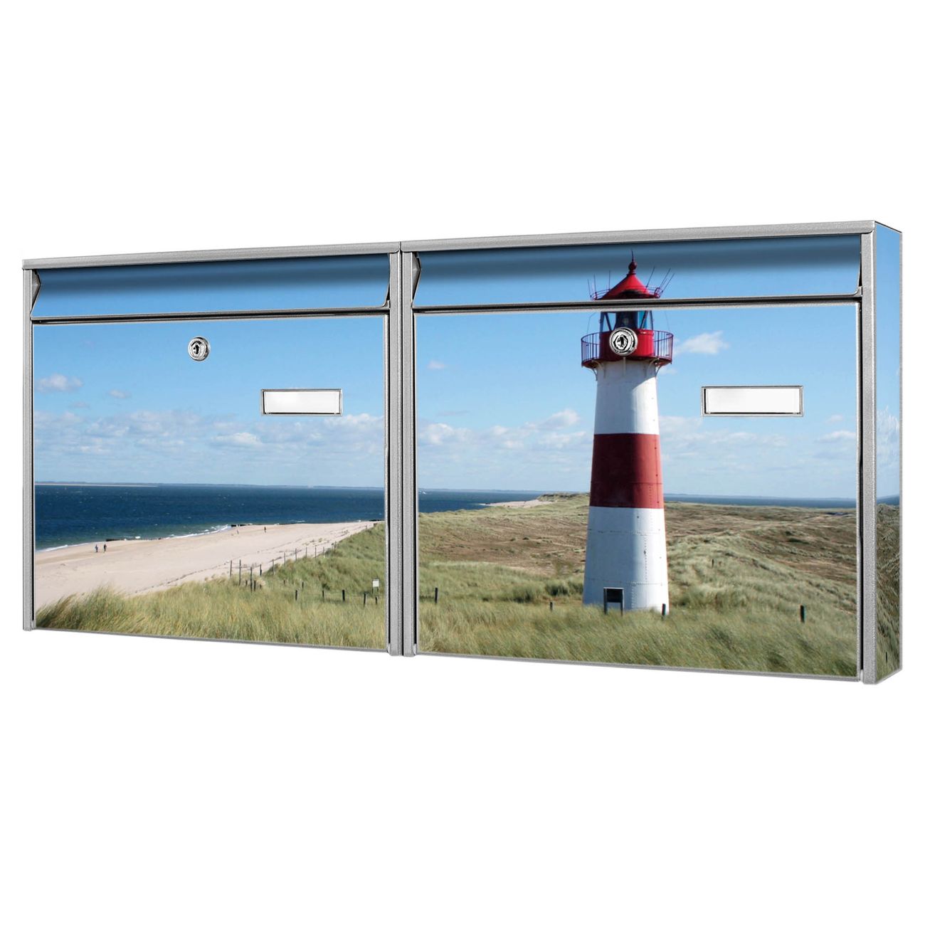 banjado Burg Wächter Briefkastenanlage silber Doppelbriefkasten mehre Farben, flexibel erweiterbar, mit Motiv Leuchtturm auch Personalisiert - A5