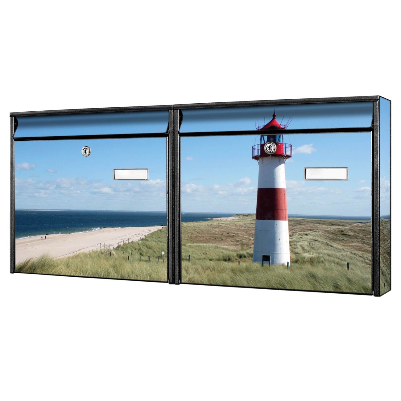 banjado Burg Wächter Briefkastenanlage schwarz Doppelbriefkasten mehre Farben, flexibel erweiterbar, mit Motiv Leuchtturm auch Personalisiert - A5