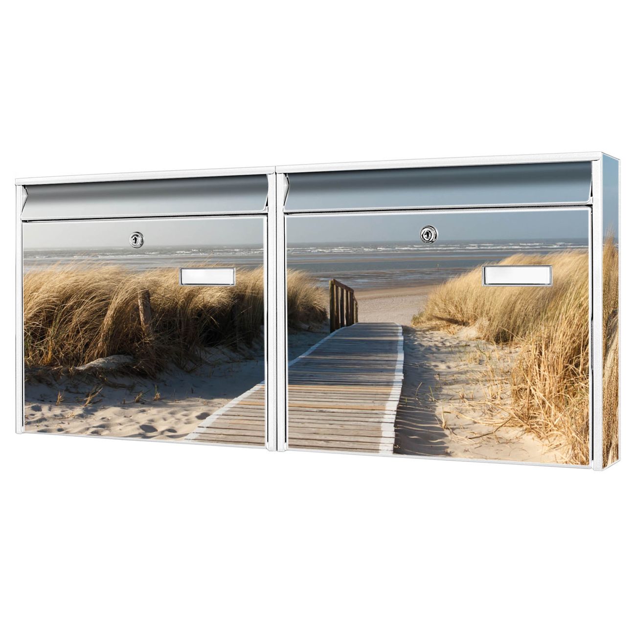 banjado Burg Wächter Briefkastenanlage weiß verzinkt und lackiert Briefkasten Mehrfamilienhaus 2 Schlüssel 72,5x32,2x10cm mit Motiv Dünen