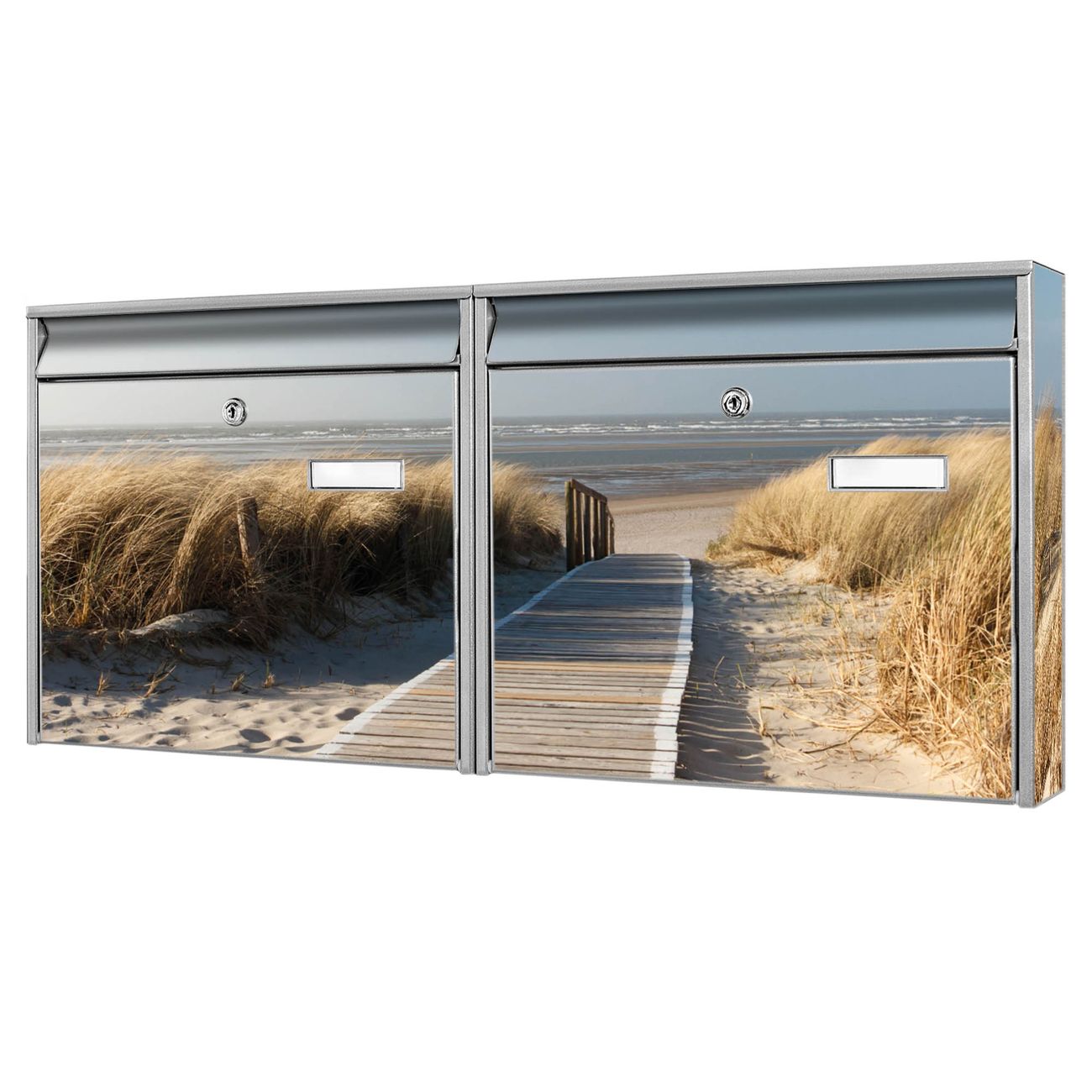 banjado Burg Wächter Briefkastenanlage silber verzinkt und lackiert Briefkasten Mehrfamilienhaus 2 Schlüssel 72,5x32,2x10cm mit Motiv Dünen