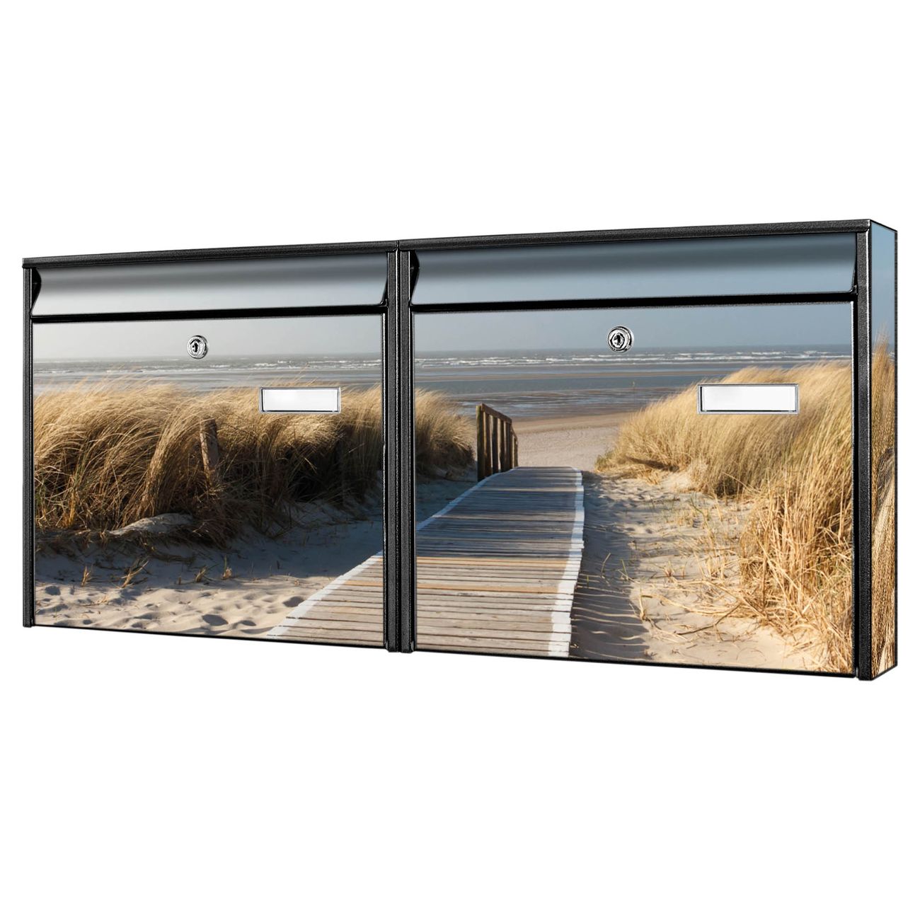 banjado Burg Wächter Briefkastenanlage schwarz verzinkt und lackiert Briefkasten Mehrfamilienhaus 2 Schlüssel 72,5x32,2x10cm mit Motiv Dünen