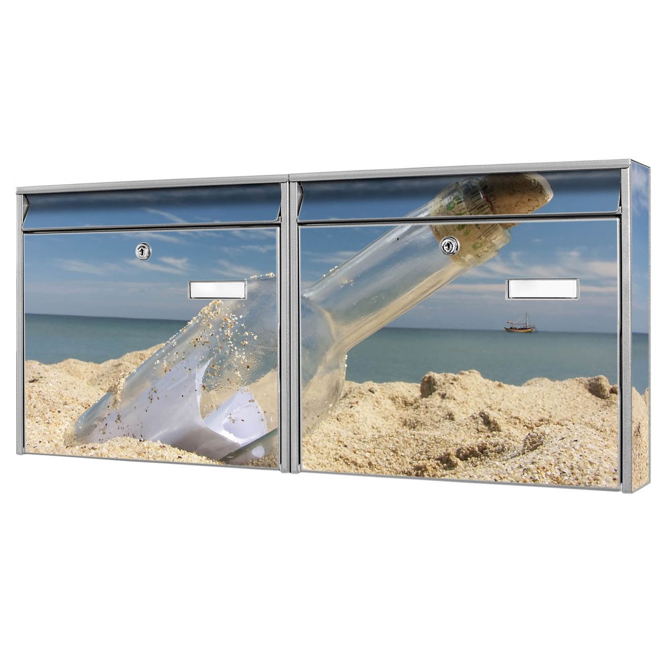 banjado Burg Wächter Briefkastenanlage silber Doppelbriefkasten mehre Farben, flexibel erweiterbar, mit Motiv Flaschenpost auch Personalisiert - A7