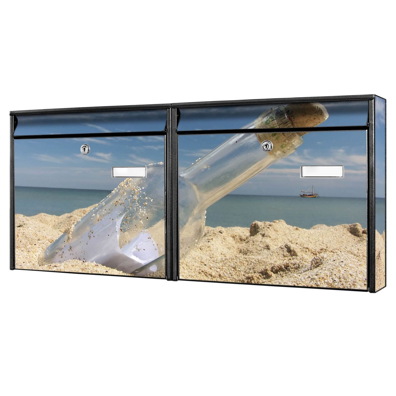 banjado Burg Wächter Briefkastenanlage schwarz Doppelbriefkasten mehre Farben, flexibel erweiterbar, mit Motiv Flaschenpost auch Personalisiert - A7