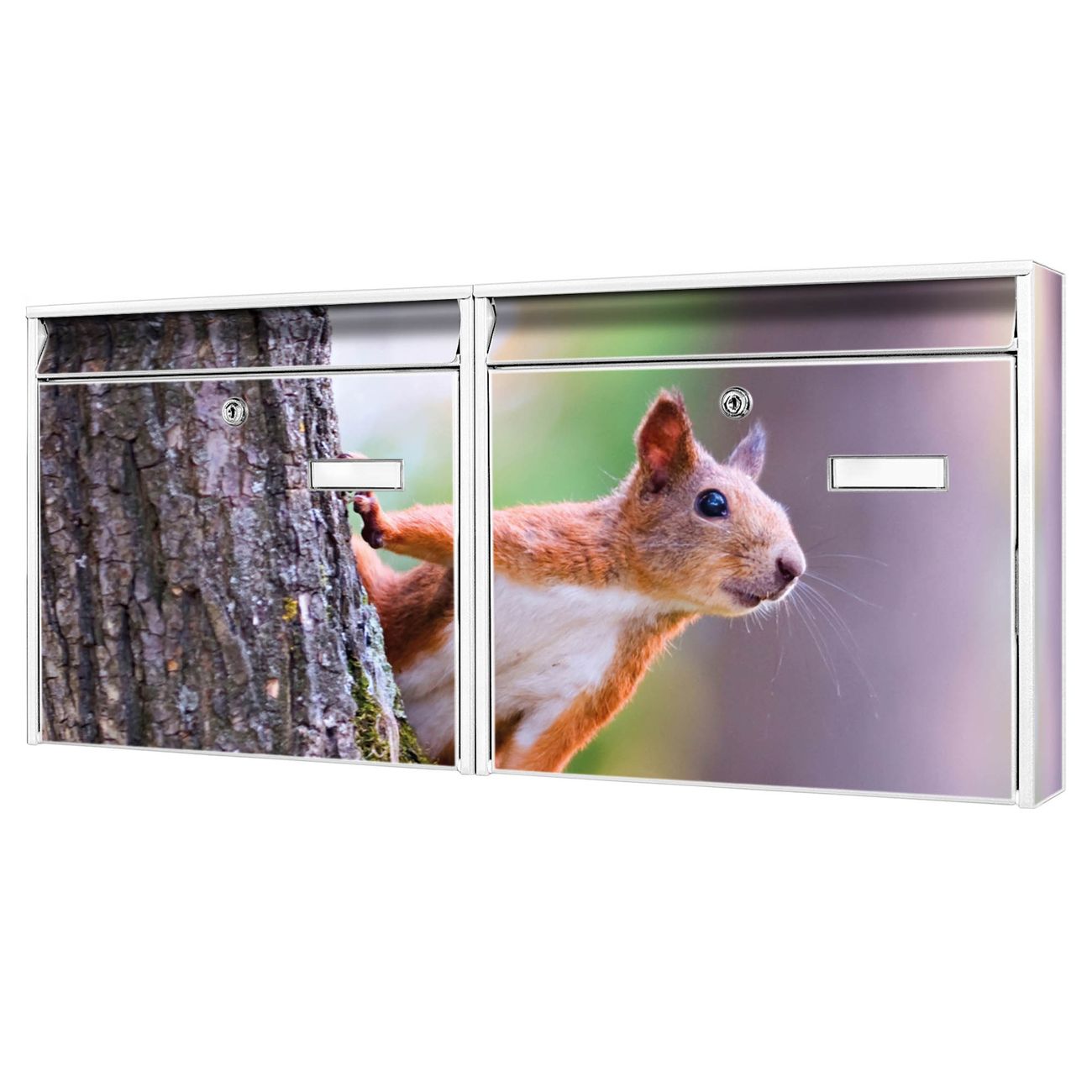 banjado Burg Wächter Briefkastenanlage weiß Doppelbriefkasten mehre Farben, flexibel erweiterbar, mit Motiv Eichhörnchen auch Personalisiert - A7
