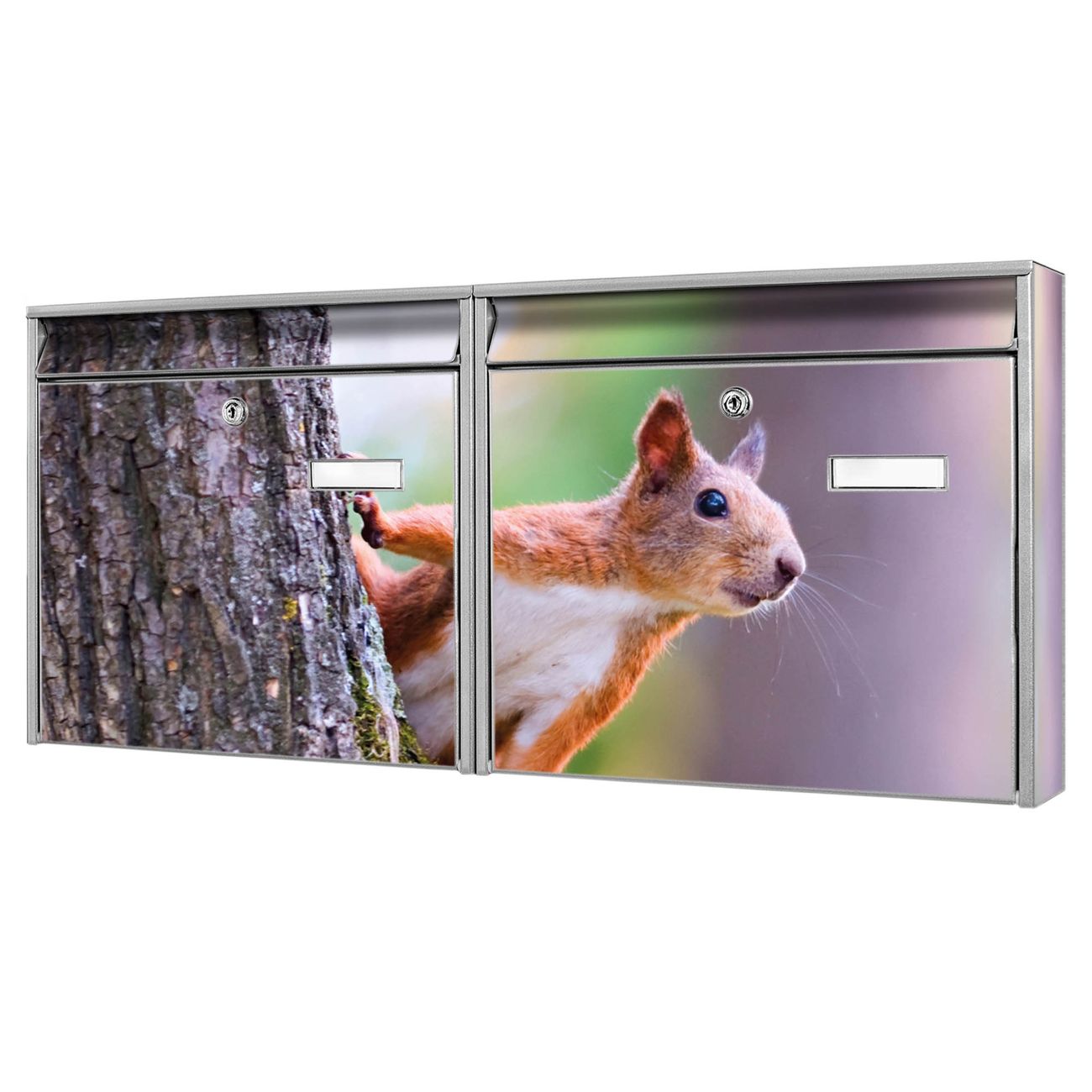 banjado Burg Wächter Briefkastenanlage silber Doppelbriefkasten mehre Farben, flexibel erweiterbar, mit Motiv Eichhörnchen auch Personalisiert - A7