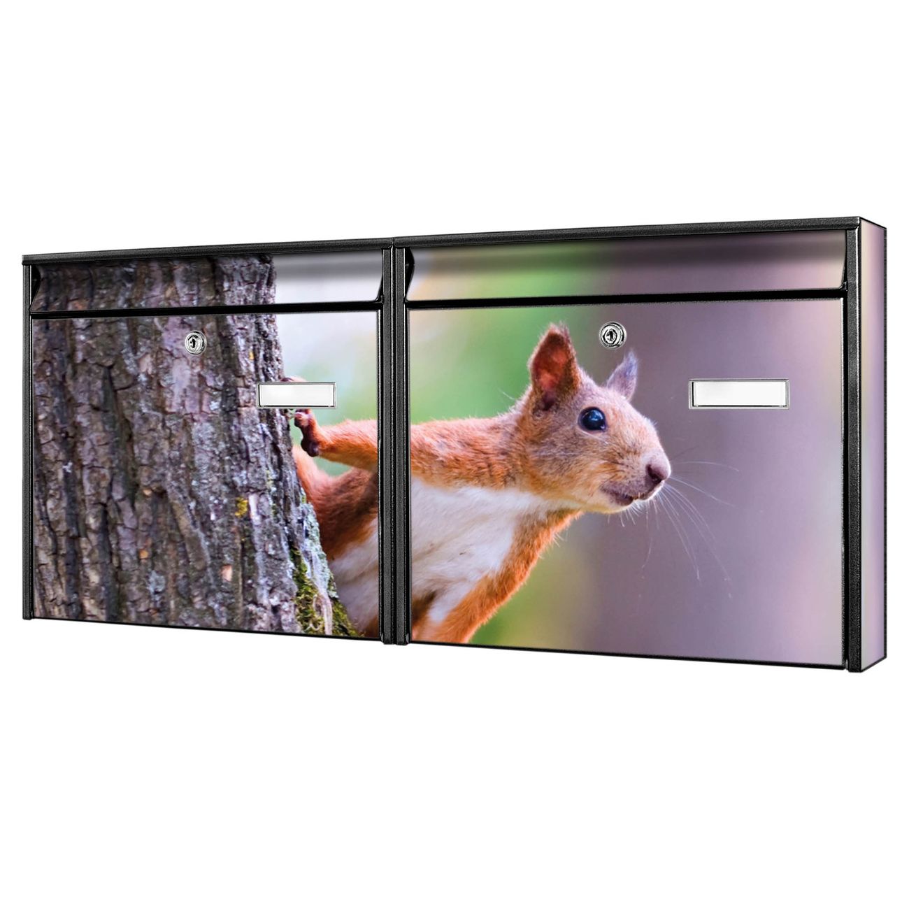 banjado Burg Wächter Briefkastenanlage schwarz Doppelbriefkasten mehre Farben, flexibel erweiterbar, mit Motiv Eichhörnchen auch Personalisiert - A7