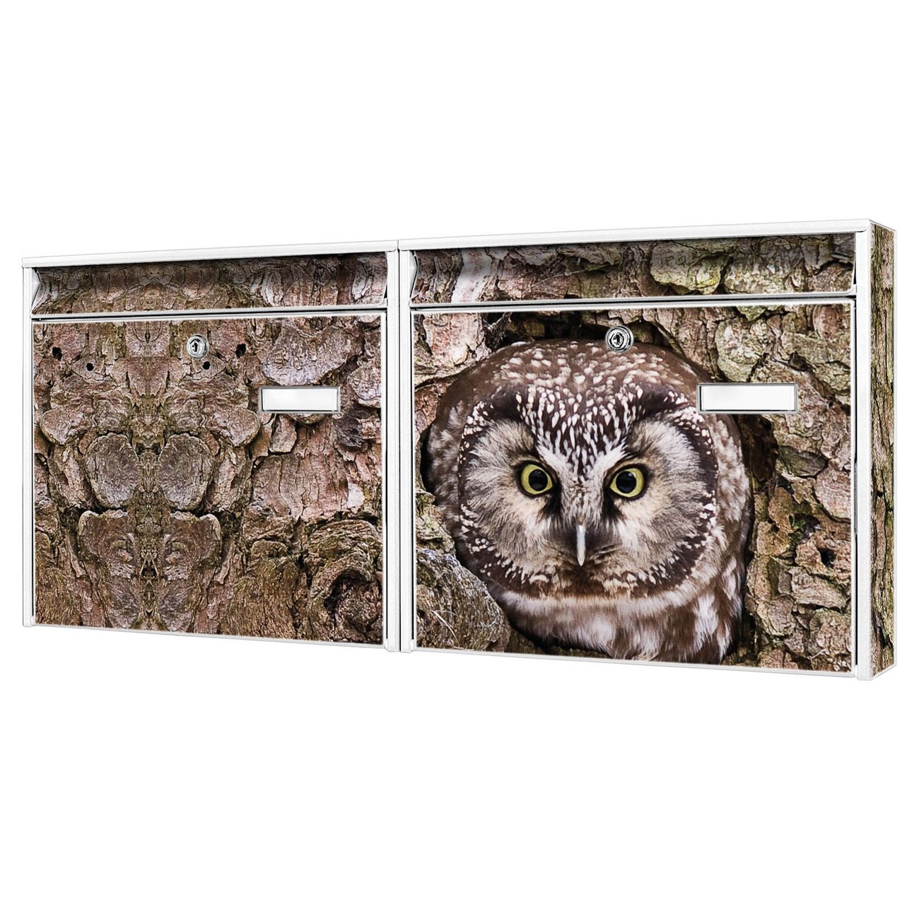 banjado Burg Wächter Briefkastenanlage weiß Doppelbriefkasten mehre Farben, flexibel erweiterbar, mit Motiv Eule auch Personalisiert - A6