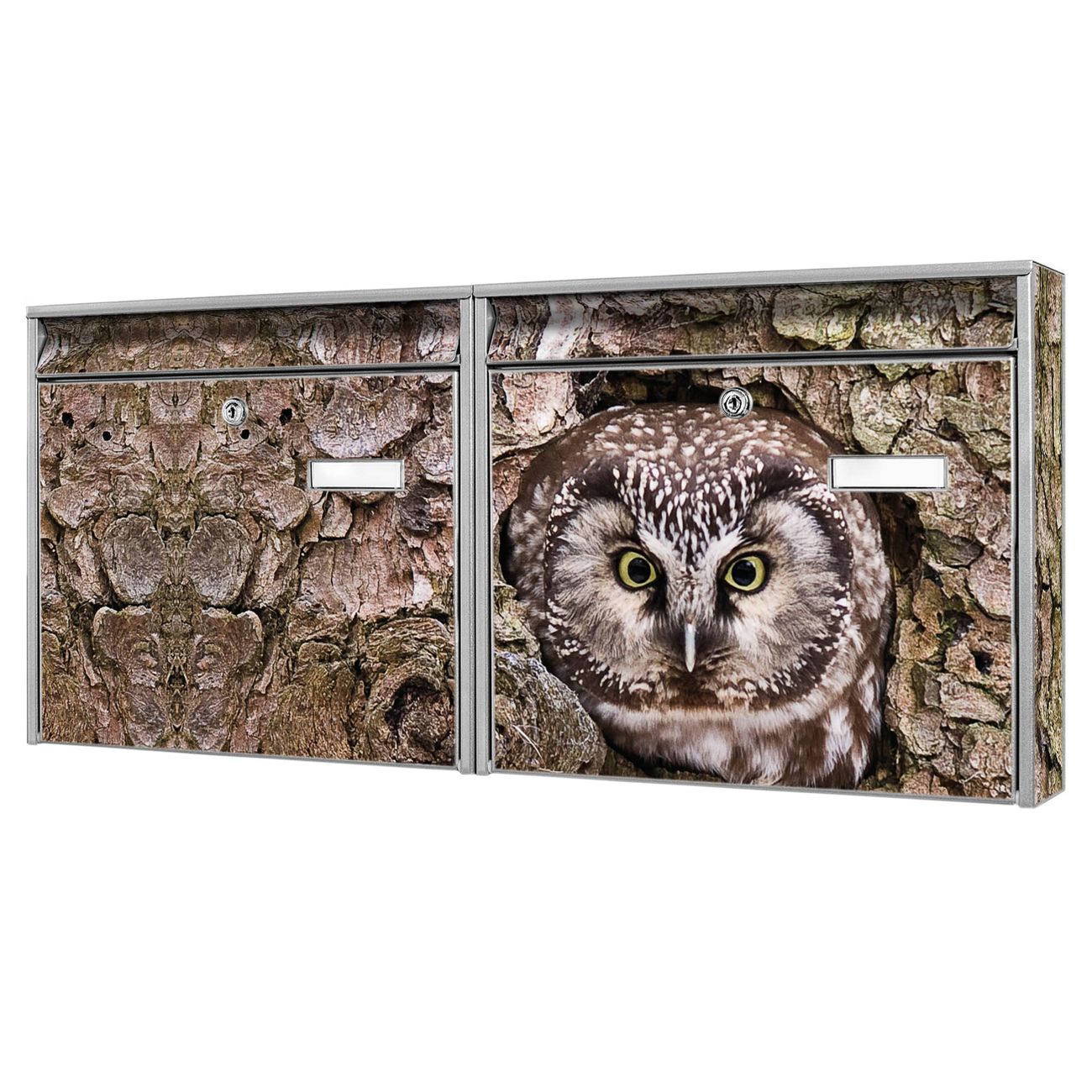 banjado Burg Wächter Briefkastenanlage silber Doppelbriefkasten mehre Farben, flexibel erweiterbar, mit Motiv Eule auch Personalisiert - A6