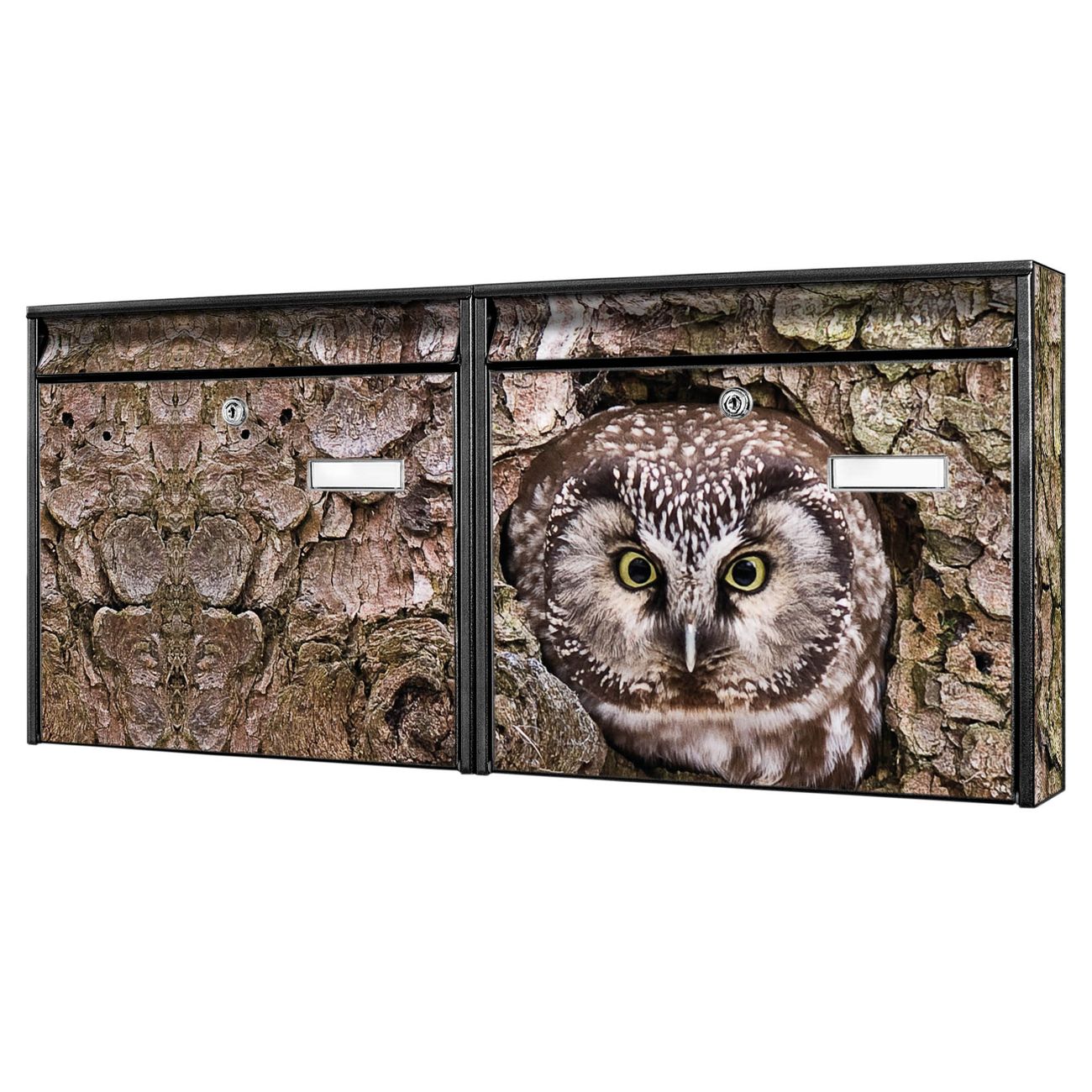 banjado Burg Wächter Briefkastenanlage schwarz Doppelbriefkasten mehre Farben, flexibel erweiterbar, mit Motiv Eule auch Personalisiert - A6