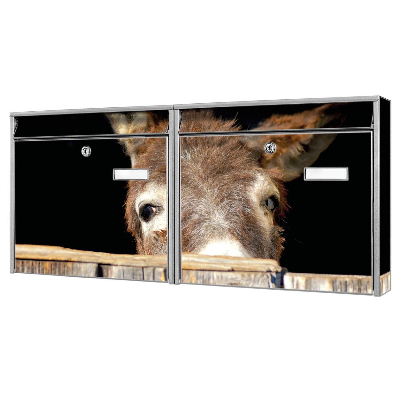 banjado Burg Wächter Briefkastenanlage silber Doppelbriefkasten mehre Farben, flexibel erweiterbar, mit Motiv Esel auch Personalisiert - A5