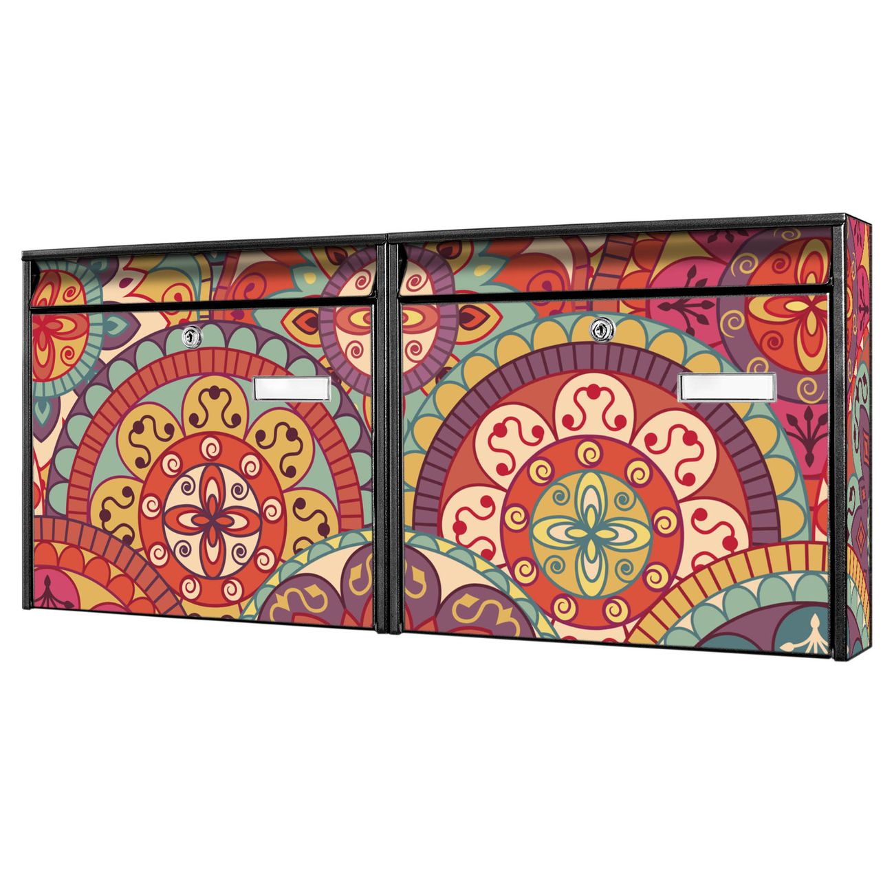 banjado Burg Wächter Briefkastenanlage schwarz Doppelbriefkasten mehre Farben, flexibel erweiterbar, mit Motiv Rosetten auch Personalisiert - A7