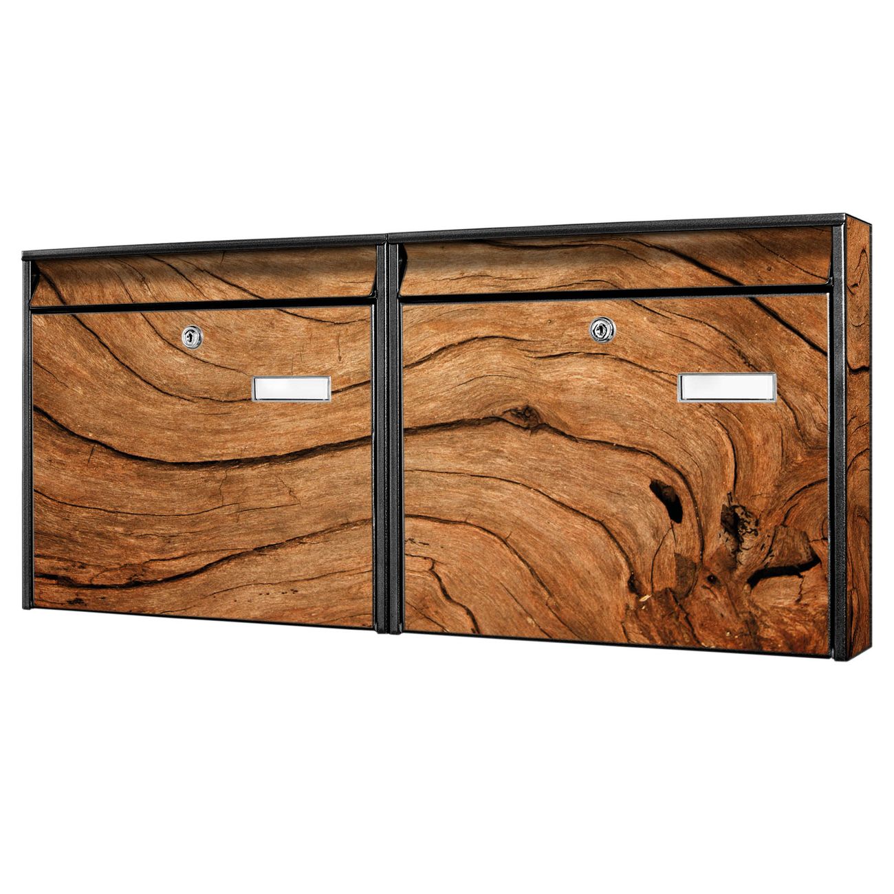 banjado Burg Wächter Briefkastenanlage schwarz verzinkt und lackiert Briefkasten Mehrfamilienhaus 2 Schlüssel 72,5x32,2x10cm mit Motiv Holzmaserung