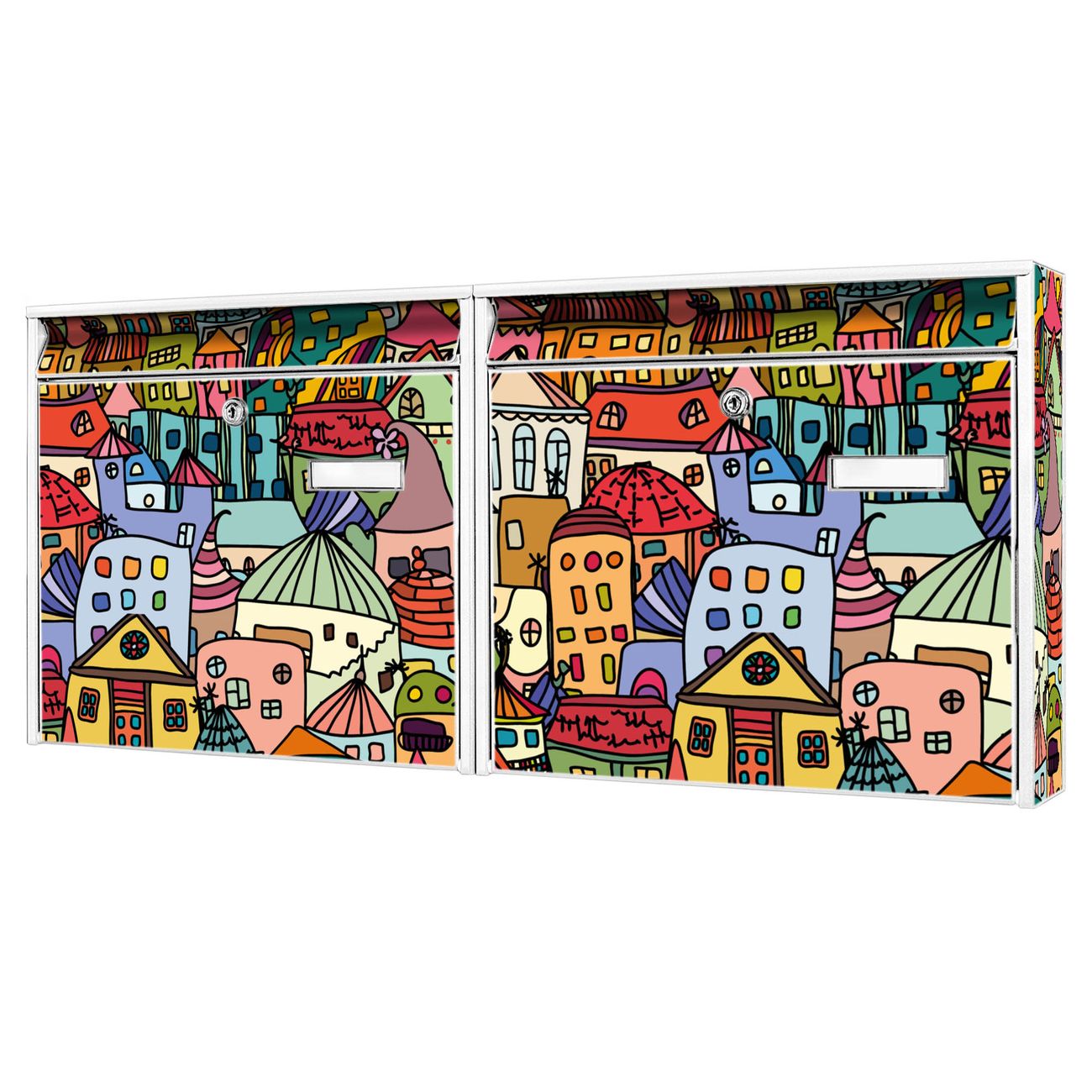 banjado Burg Wächter Briefkastenanlage weiß Doppelbriefkasten mehre Farben, flexibel erweiterbar, mit Motiv Funky Town auch Personalisiert - A6