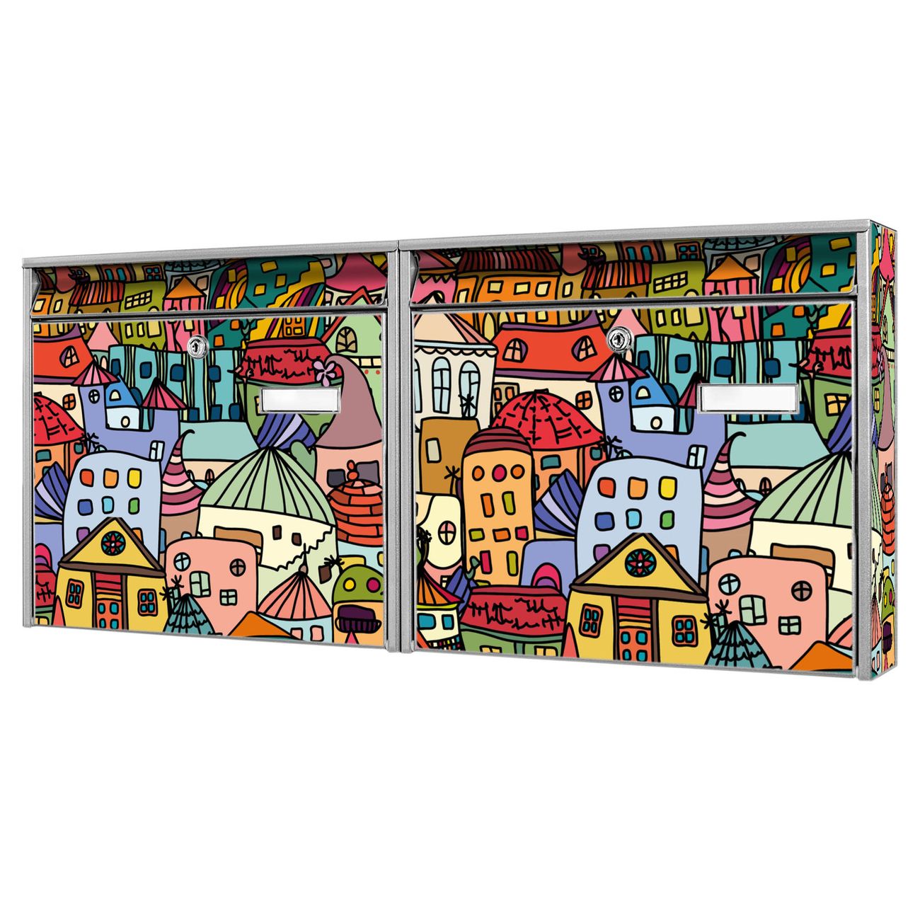 banjado Burg Wächter Briefkastenanlage silber Doppelbriefkasten mehre Farben, flexibel erweiterbar, mit Motiv Funky Town auch Personalisiert - A6