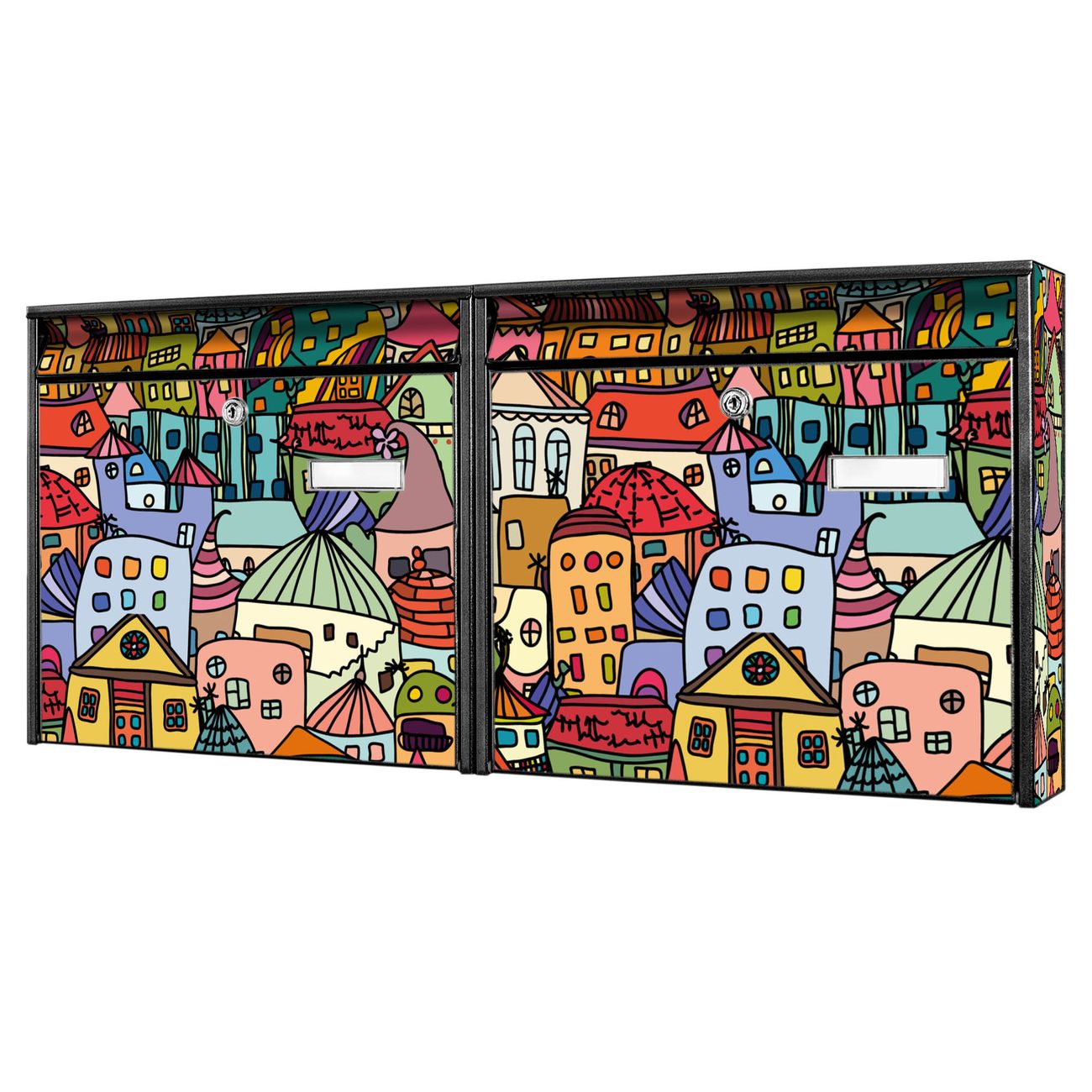 banjado Burg Wächter Briefkastenanlage schwarz Doppelbriefkasten mehre Farben, flexibel erweiterbar, mit Motiv Funky Town auch Personalisiert - A6
