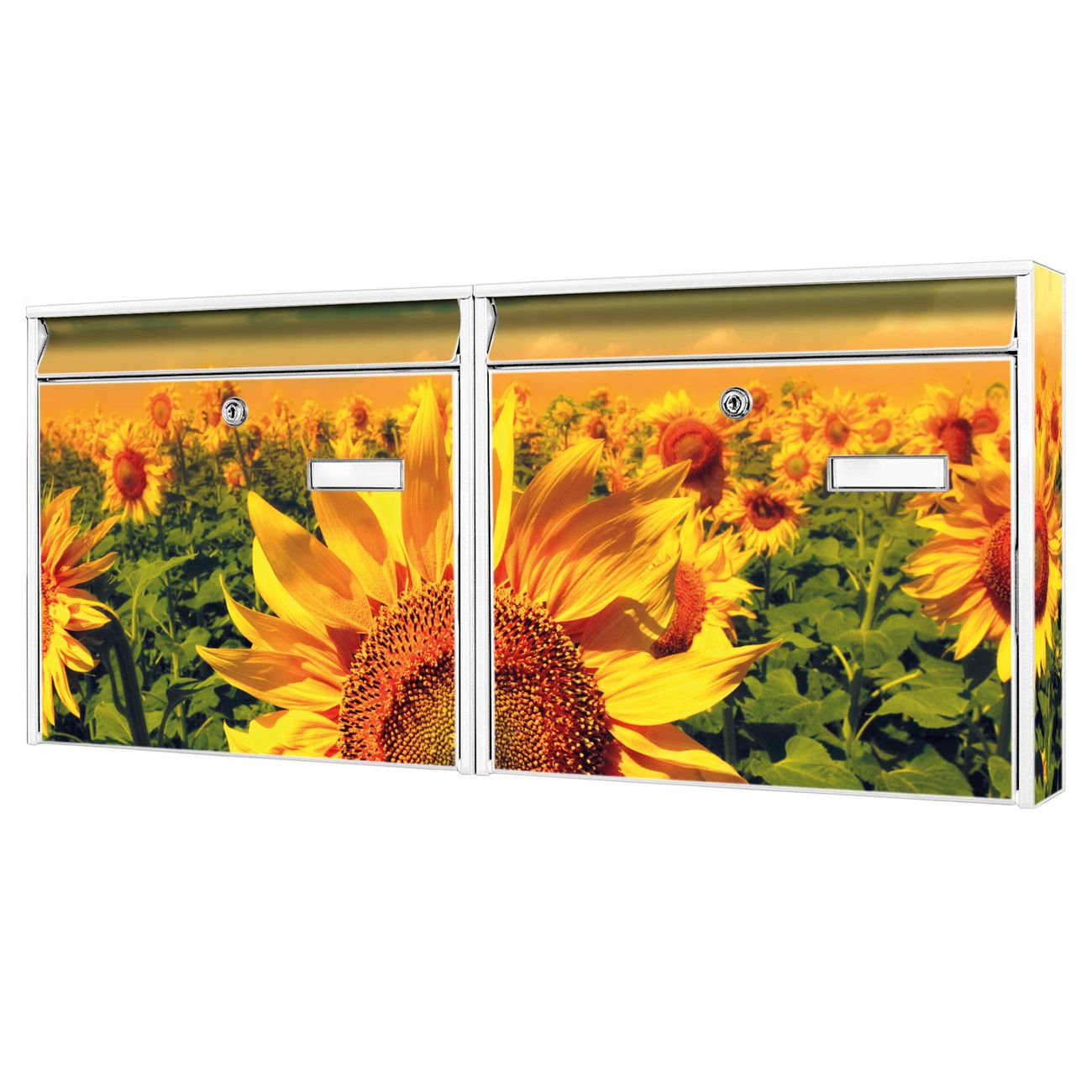 banjado Burg Wächter Briefkastenanlage weiß Doppelbriefkasten mehre Farben, flexibel erweiterbar, mit Motiv Sonnenblumen auch Personalisiert - A7