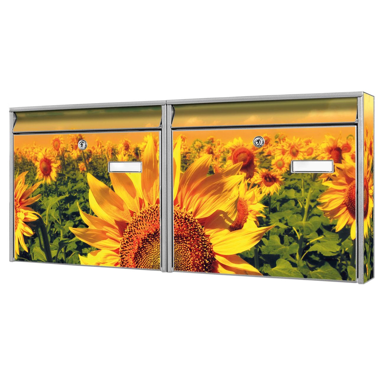 banjado Burg Wächter Briefkastenanlage silber Doppelbriefkasten mehre Farben, flexibel erweiterbar, mit Motiv Sonnenblumen auch Personalisiert - A7
