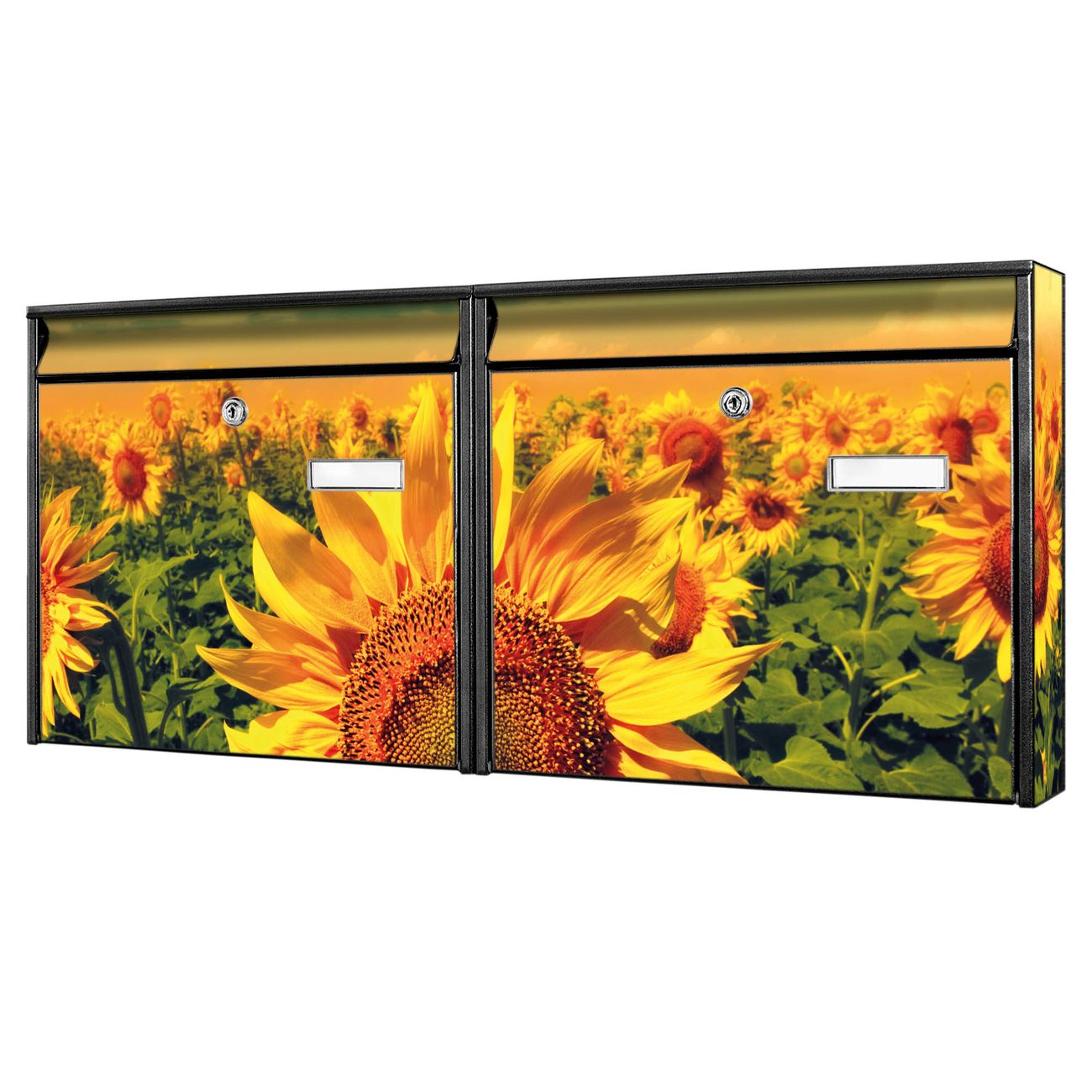 banjado Burg Wächter Briefkastenanlage schwarz Doppelbriefkasten mehre Farben, flexibel erweiterbar, mit Motiv Sonnenblumen auch Personalisiert - A7
