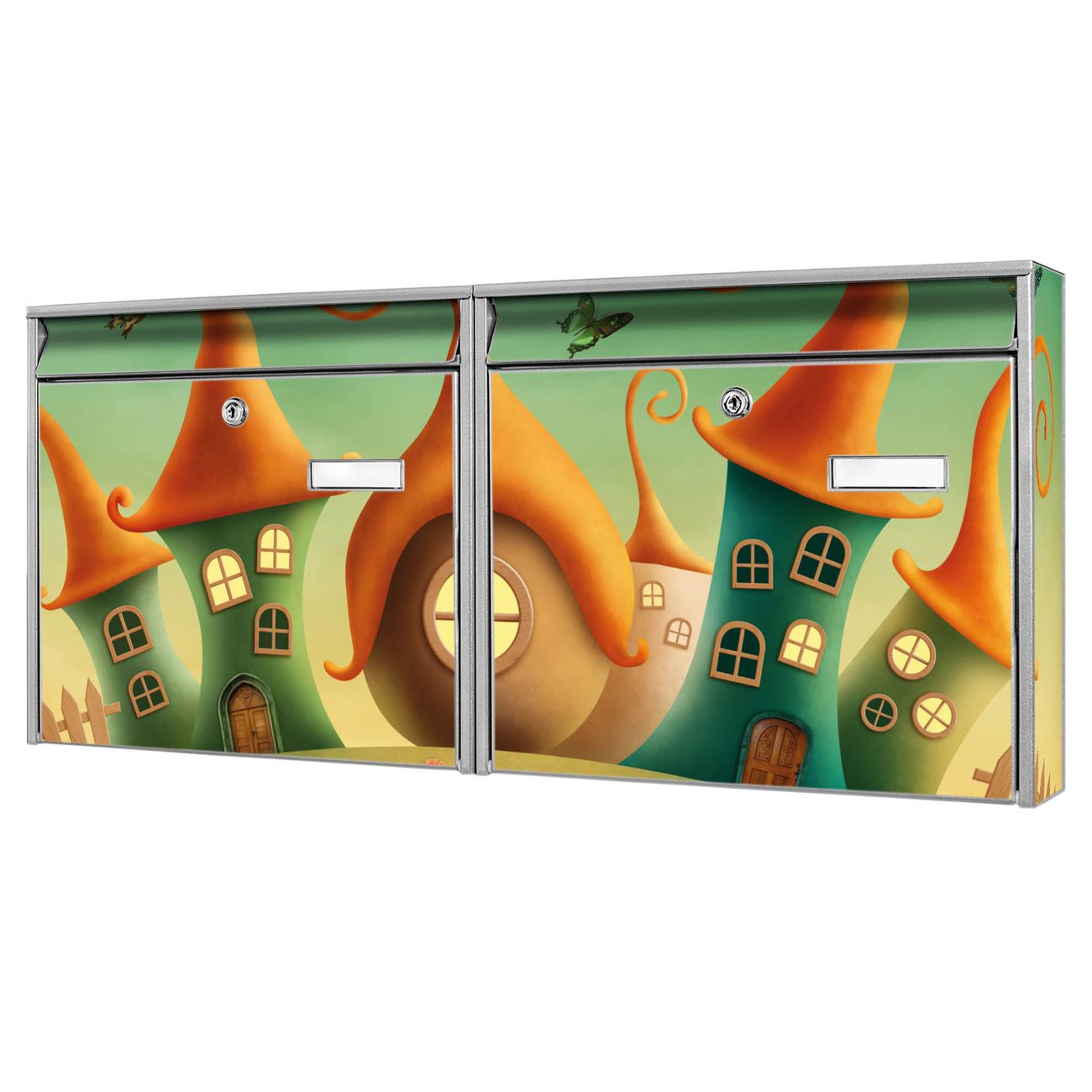 banjado Burg Wächter Briefkastenanlage silber verzinkt und lackiert Briefkasten Mehrfamilienhaus 2 Schlüssel 72,5x32,2x10cm mit Motiv Zwergenhausen