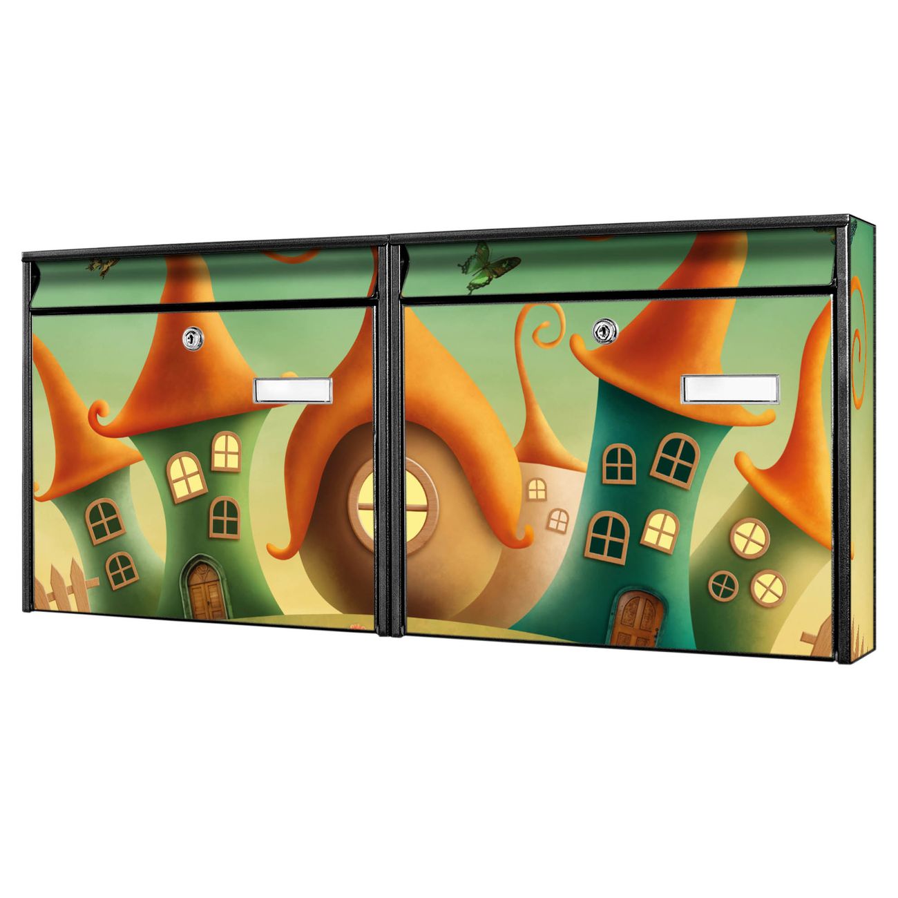 banjado Burg Wächter Briefkastenanlage schwarz verzinkt und lackiert Briefkasten Mehrfamilienhaus 2 Schlüssel 72,5x32,2x10cm mit Motiv Zwergenhausen