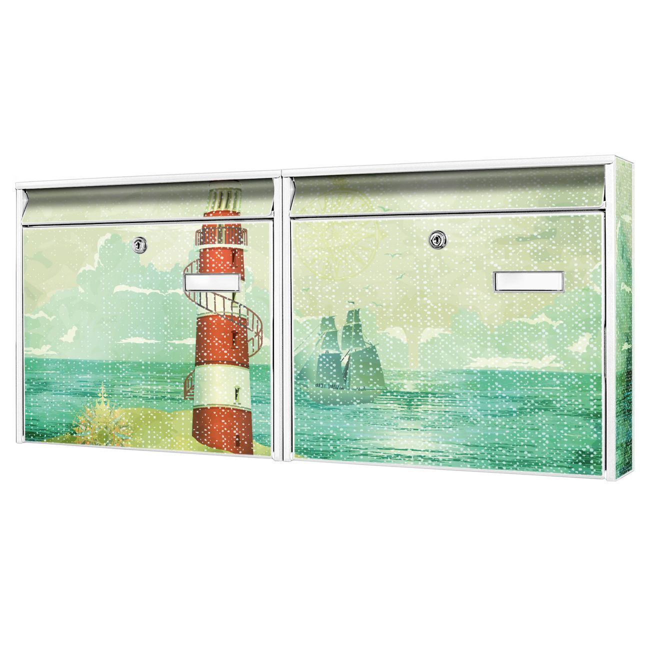 banjado Burg Wächter Briefkastenanlage weiß Doppelbriefkasten mehre Farben, flexibel erweiterbar, mit Motiv Leuchtturm auch Personalisiert - A8