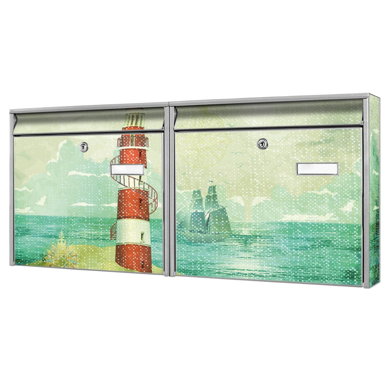 banjado Burg Wächter Briefkastenanlage silber Doppelbriefkasten mehre Farben, flexibel erweiterbar, mit Motiv Leuchtturm auch Personalisiert - A8