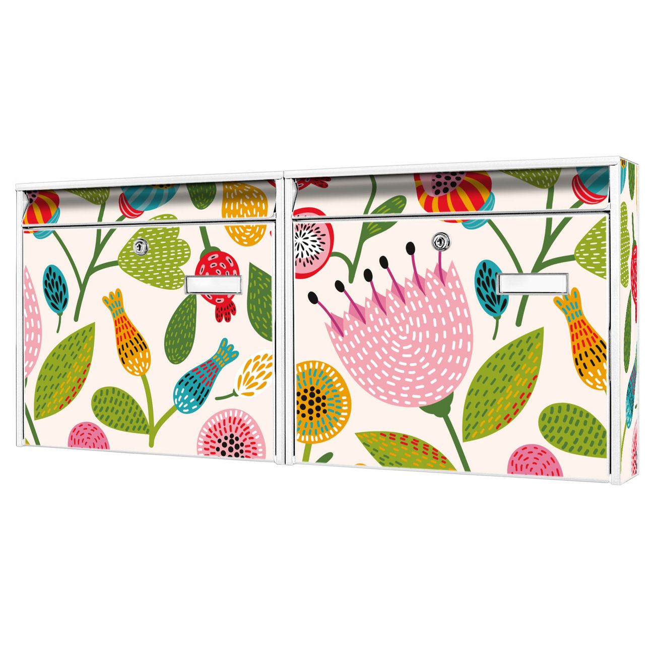 banjado Burg Wächter Briefkastenanlage weiß verzinkt und lackiert Briefkasten Mehrfamilienhaus 2 Schlüssel 72,5x32,2x10cm mit Motiv Rosa Kelch Hell