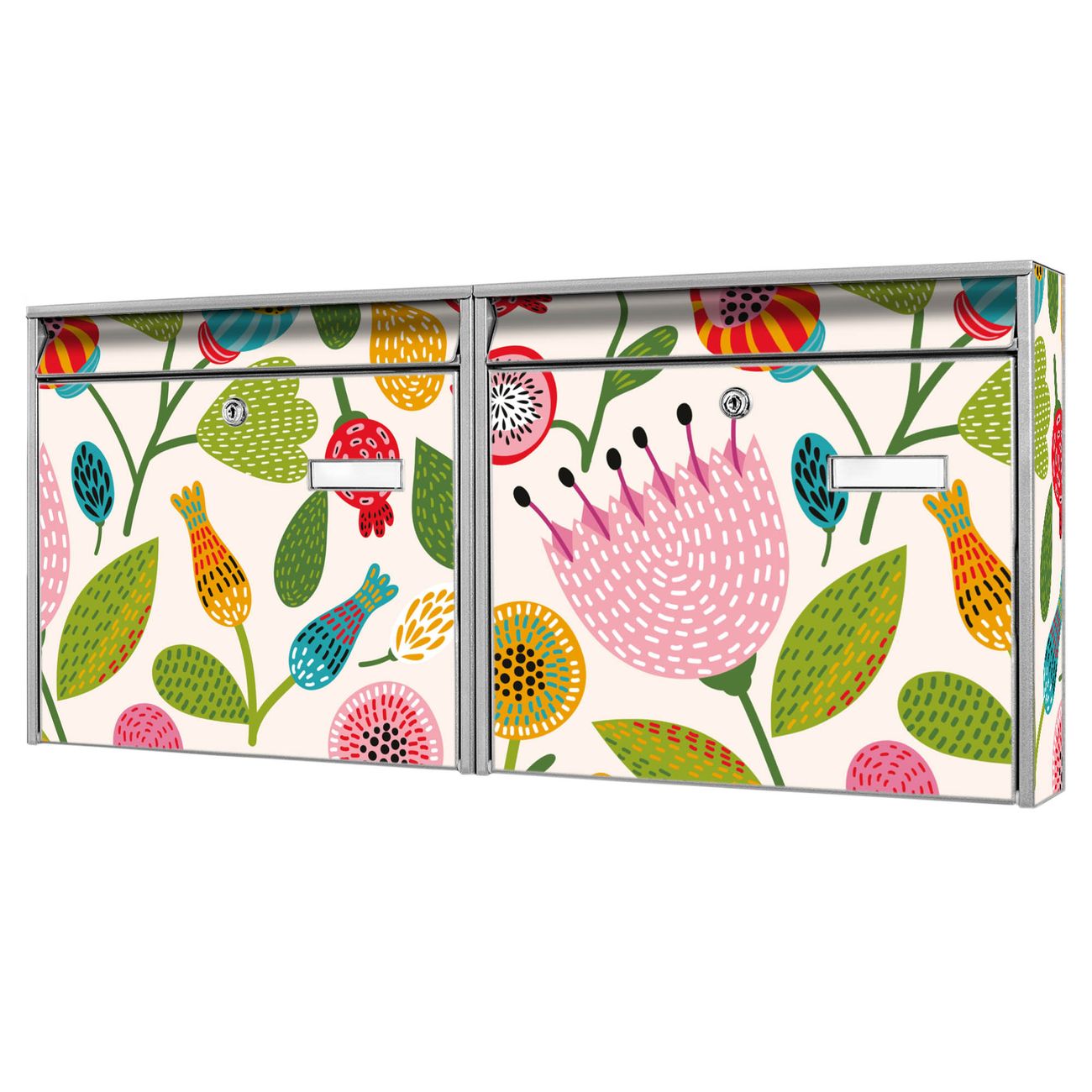 banjado Burg Wächter Briefkastenanlage silber verzinkt und lackiert Briefkasten Mehrfamilienhaus 2 Schlüssel 72,5x32,2x10cm mit Motiv Rosa Kelch Hell