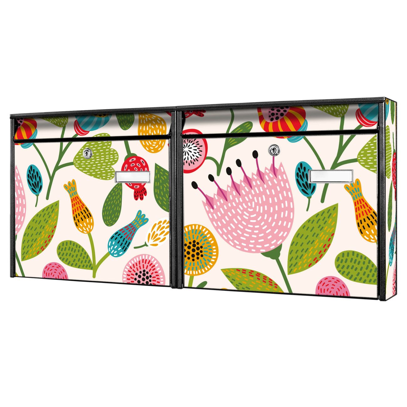 banjado Burg Wächter Briefkastenanlage schwarz verzinkt und lackiert Briefkasten Mehrfamilienhaus 2 Schlüssel 72,5x32,2x10cm mit Motiv Rosa Kelch Hell