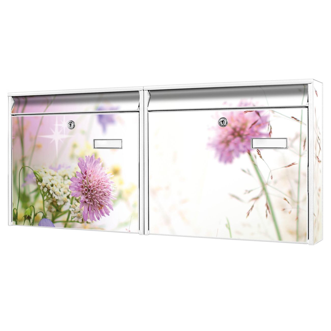 banjado Burg Wächter Briefkastenanlage weiß verzinkt und lackiert Briefkasten Mehrfamilienhaus 2 Schlüssel 72,5x32,2x10cm mit Motiv Wiese Blumen