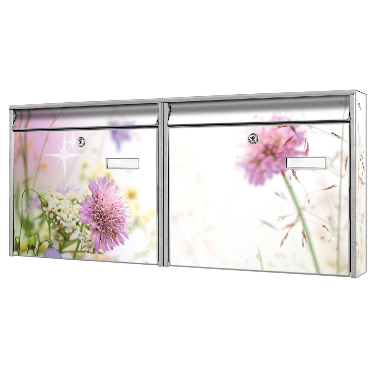 banjado Burg Wächter Briefkastenanlage silber verzinkt und lackiert Briefkasten Mehrfamilienhaus 2 Schlüssel 72,5x32,2x10cm mit Motiv Wiese Blumen