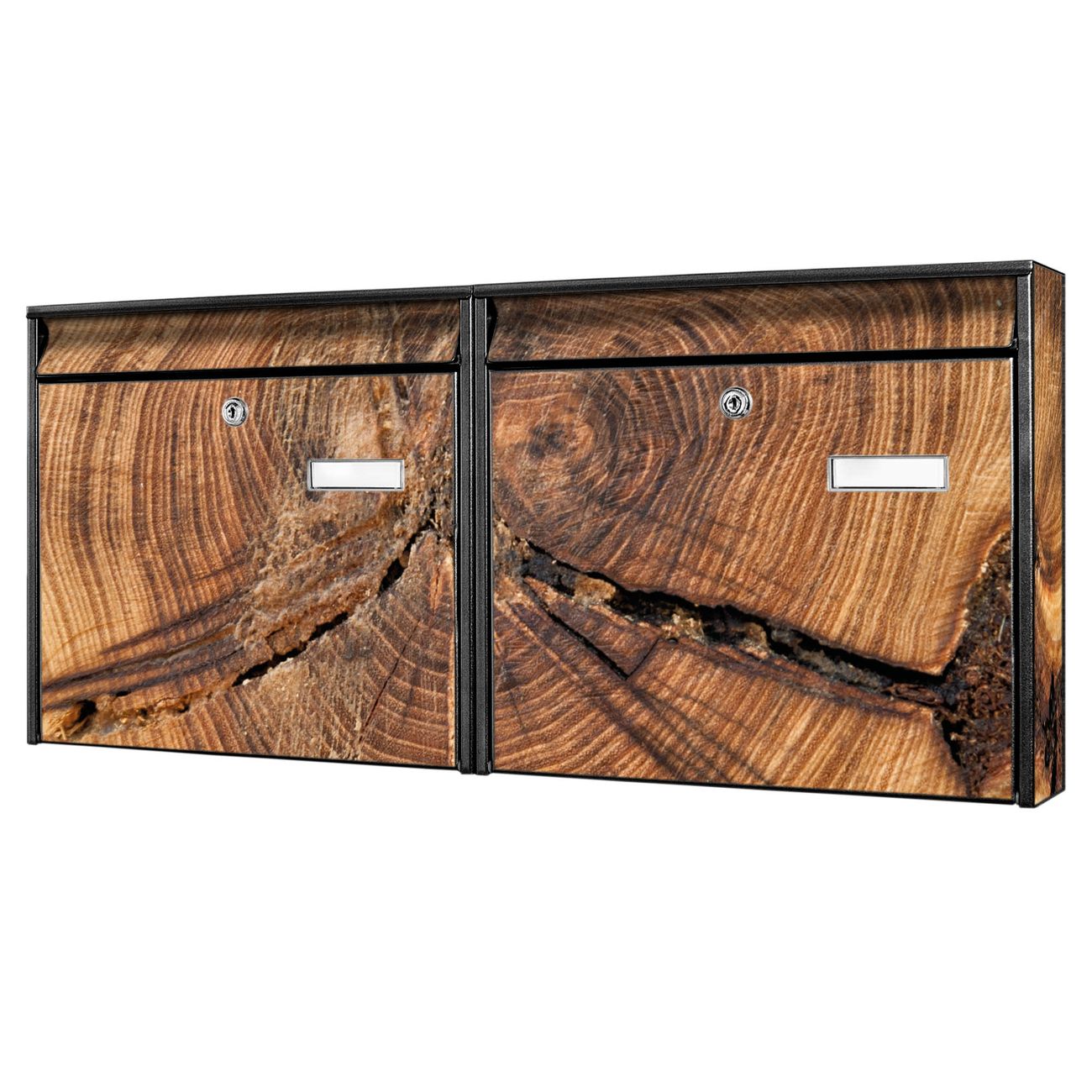 banjado Burg Wächter Briefkastenanlage schwarz verzinkt und lackiert Briefkasten Mehrfamilienhaus 2 Schlüssel 72,5x32,2x10cm mit Motiv Jahresringe