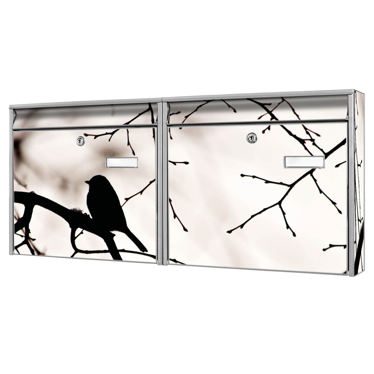 banjado Burg Wächter Briefkastenanlage silber verzinkt und lackiert Briefkasten Mehrfamilienhaus 2 Schlüssel 72,5x32,2x10cm mit Motiv Früher Vogel
