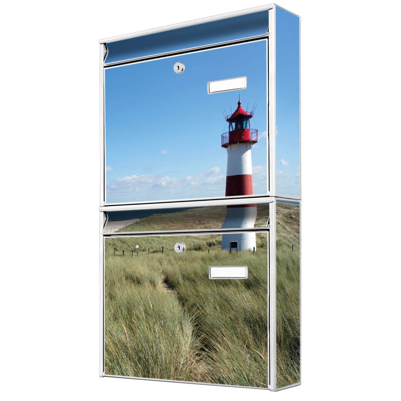 banjado Burg Wächter Briefkastenanlage weiß Doppelbriefkasten mehre Farben, flexibel erweiterbar auch Personalisiert mit Motiv Leuchtturm