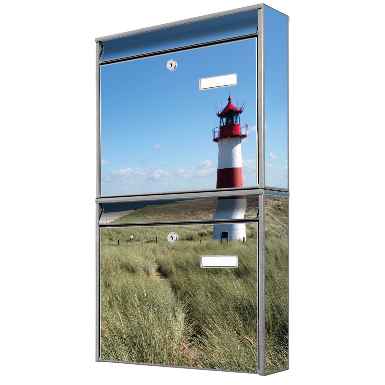 banjado Burg Wächter Briefkastenanlage silber Doppelbriefkasten mehre Farben, flexibel erweiterbar auch Personalisiert mit Motiv Leuchtturm