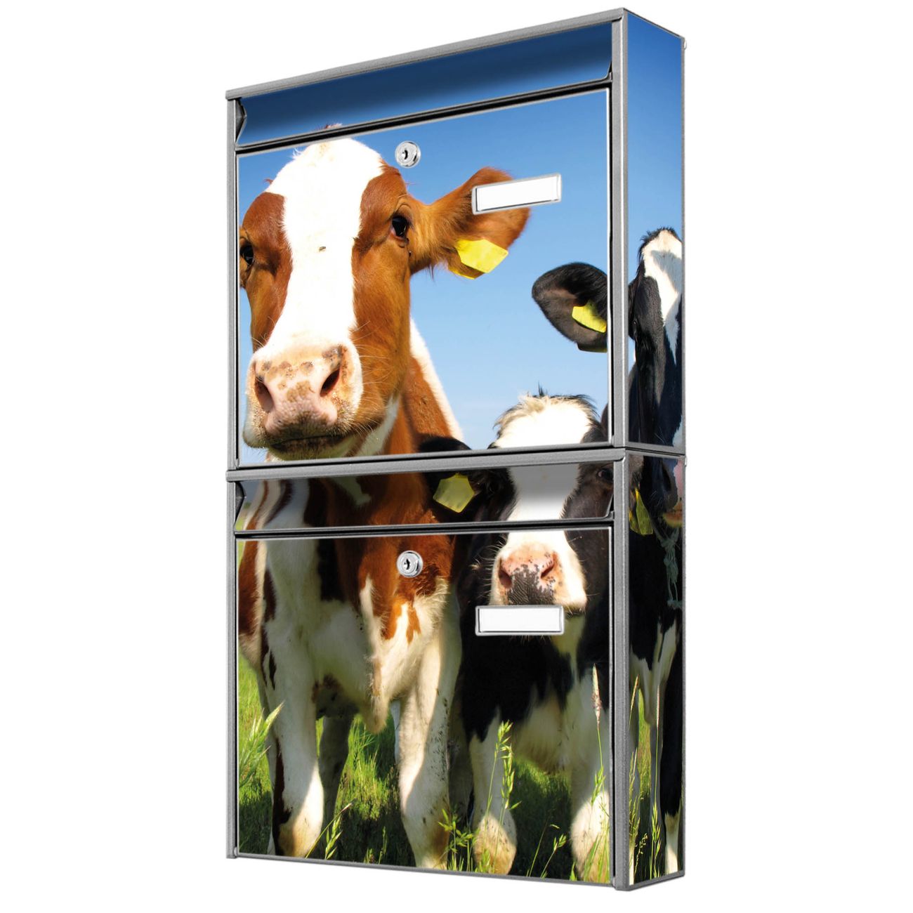banjado Burg Wächter Briefkastenanlage silber Briefkasten Mehrfamilienhaus, 36,2x64,5x10cm BxHxT, verzinkt und lackiert, mit Motiv Kühe