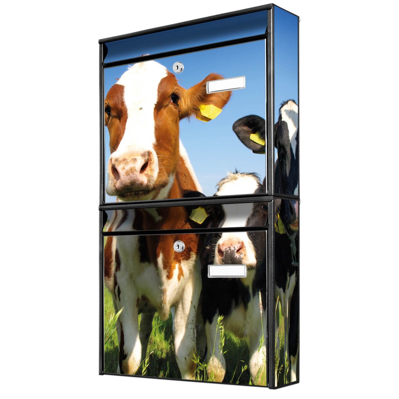 banjado Burg Wächter Briefkastenanlage schwarz Briefkasten Mehrfamilienhaus, 36,2x64,5x10cm BxHxT, verzinkt und lackiert, mit Motiv Kühe