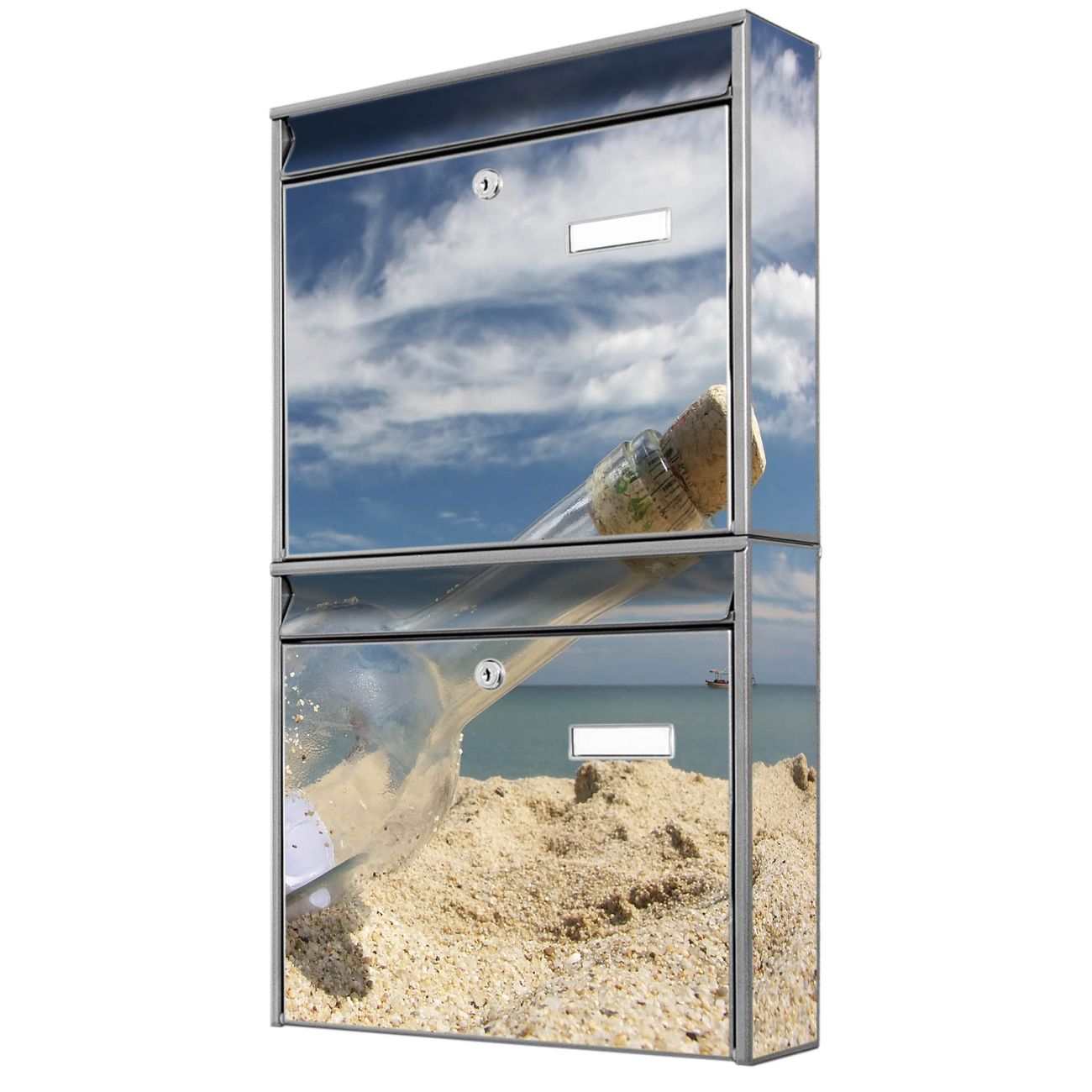 banjado Burg Wächter Briefkastenanlage silber Doppelbriefkasten mehre Farben, flexibel erweiterbar auch Personalisiert mit Motiv Flaschenpost