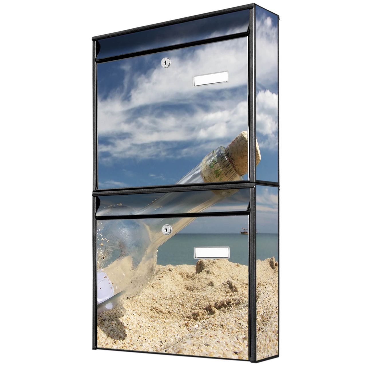 banjado Burg Wächter Briefkastenanlage schwarz Doppelbriefkasten mehre Farben, flexibel erweiterbar auch Personalisiert mit Motiv Flaschenpost