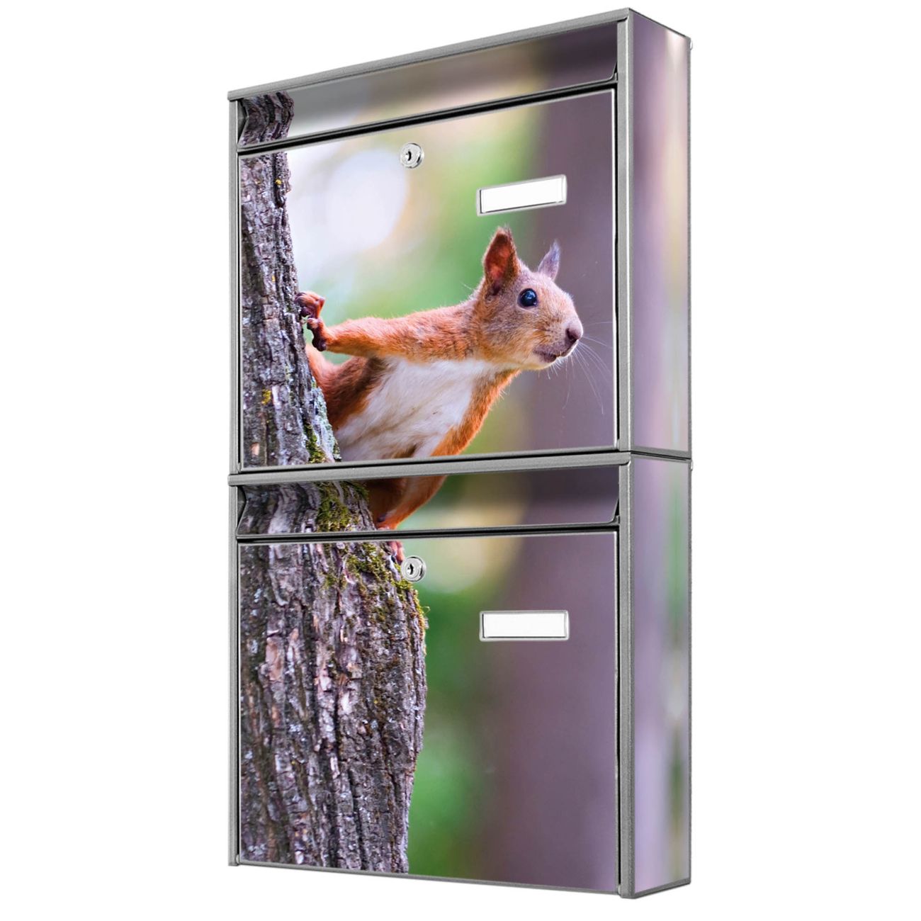 banjado Burg Wächter Briefkastenanlage silber Doppelbriefkasten mehre Farben, flexibel erweiterbar auch Personalisiert mit Motiv Eichhörnchen