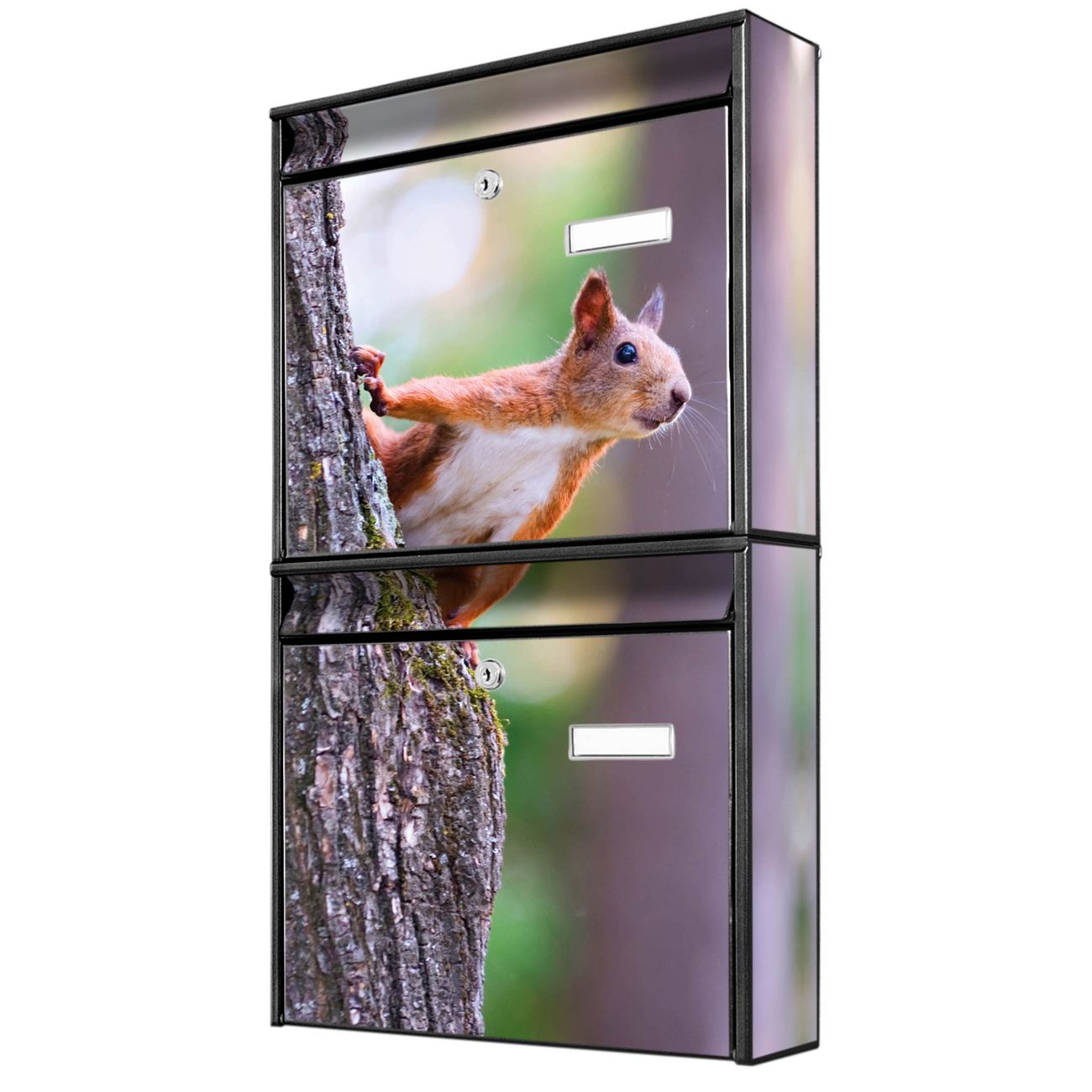 banjado Burg Wächter Briefkastenanlage schwarz Doppelbriefkasten mehre Farben, flexibel erweiterbar auch Personalisiert mit Motiv Eichhörnchen