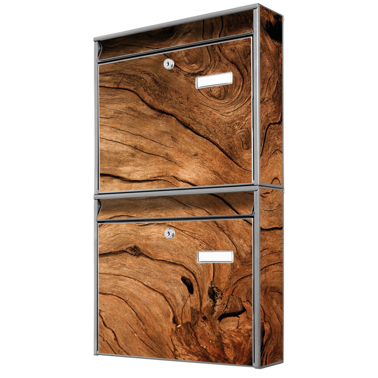 banjado Burg Wächter Briefkastenanlage silber Briefkasten Mehrfamilienhaus, 36,2x64,5x10cm BxHxT, verzinkt und lackiert, mit Motiv Holzmaserung