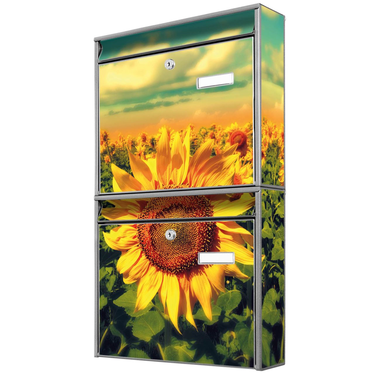 banjado Burg Wächter Briefkastenanlage silber Doppelbriefkasten mehre Farben, flexibel erweiterbar auch Personalisiert mit Motiv Sonnenblumen