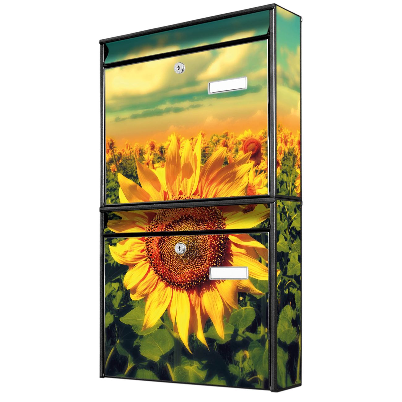banjado Burg Wächter Briefkastenanlage schwarz Doppelbriefkasten mehre Farben, flexibel erweiterbar auch Personalisiert mit Motiv Sonnenblumen