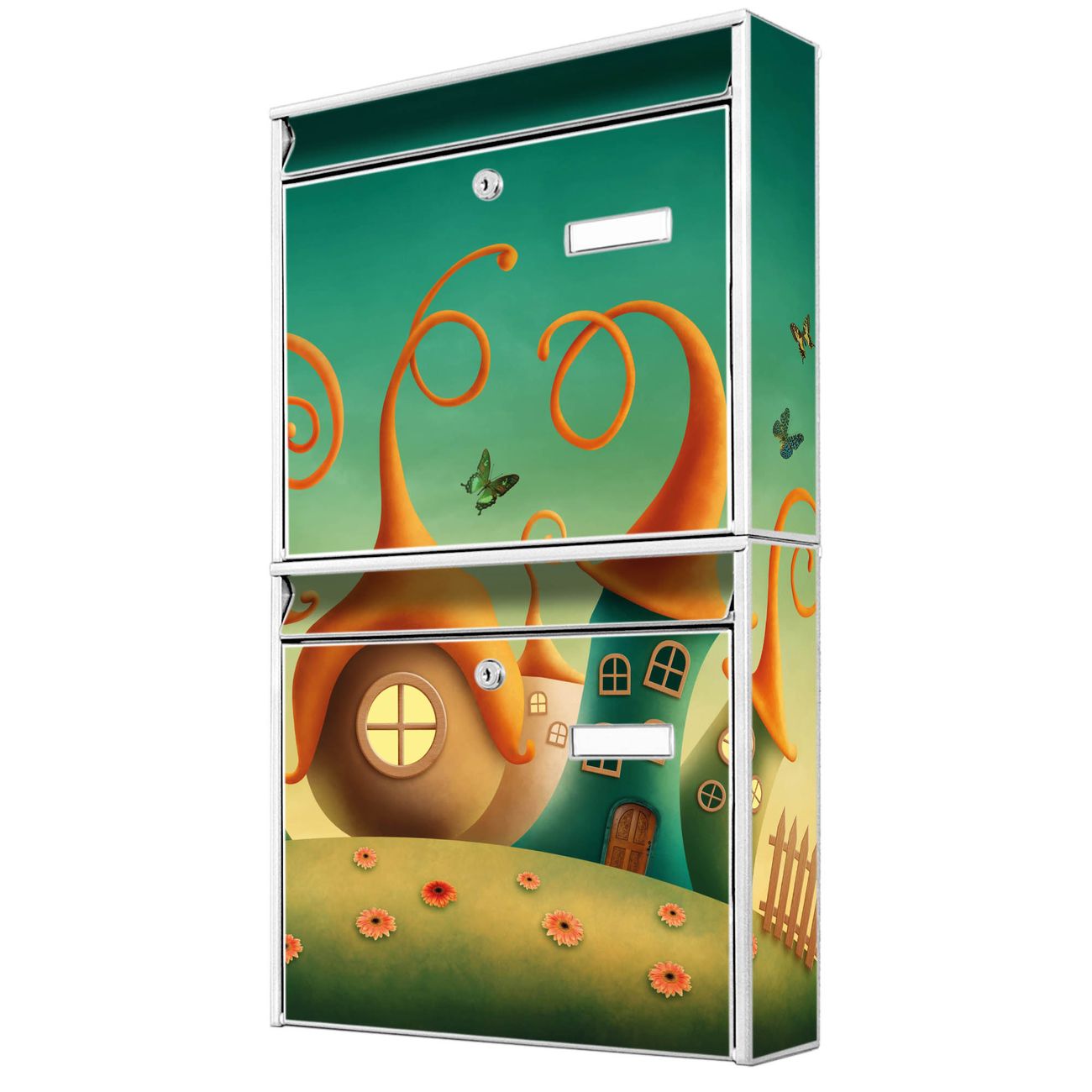 banjado Burg Wächter Briefkastenanlage weiß Briefkasten Mehrfamilienhaus, 36,2x64,5x10cm BxHxT, verzinkt und lackiert, mit Motiv Zwergenhausen